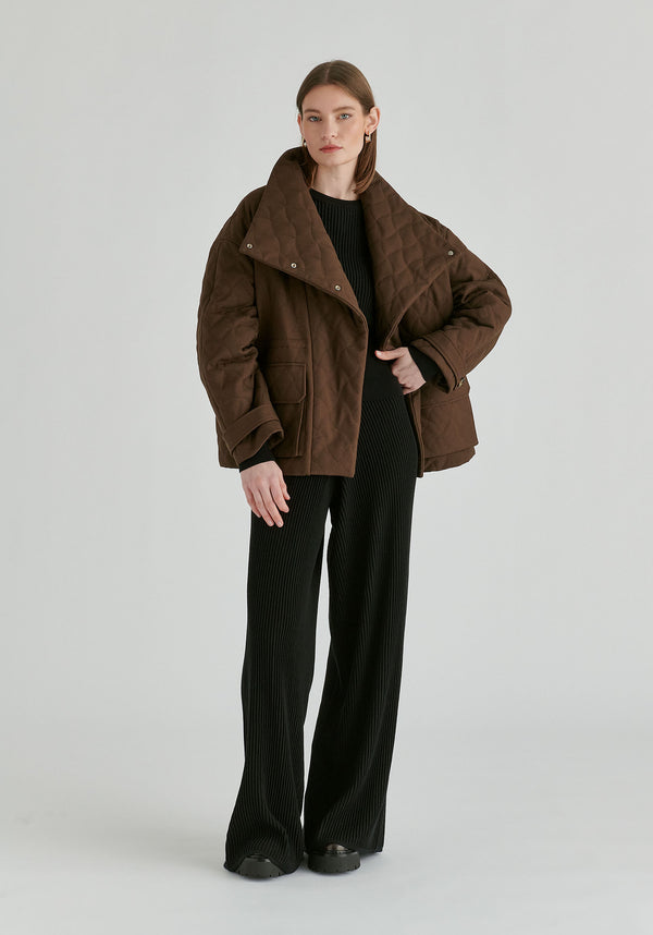 Double Breasted Diamond Quilted Utility Jacket Drawstring Waist in Brown Front