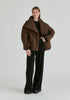 Double Breasted Diamond Quilted Utility Jacket Drawstring Waist in Brown Front