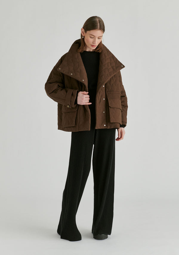 Double Breasted Diamond Quilted Utility Jacket Drawstring Waist in Brown Front
