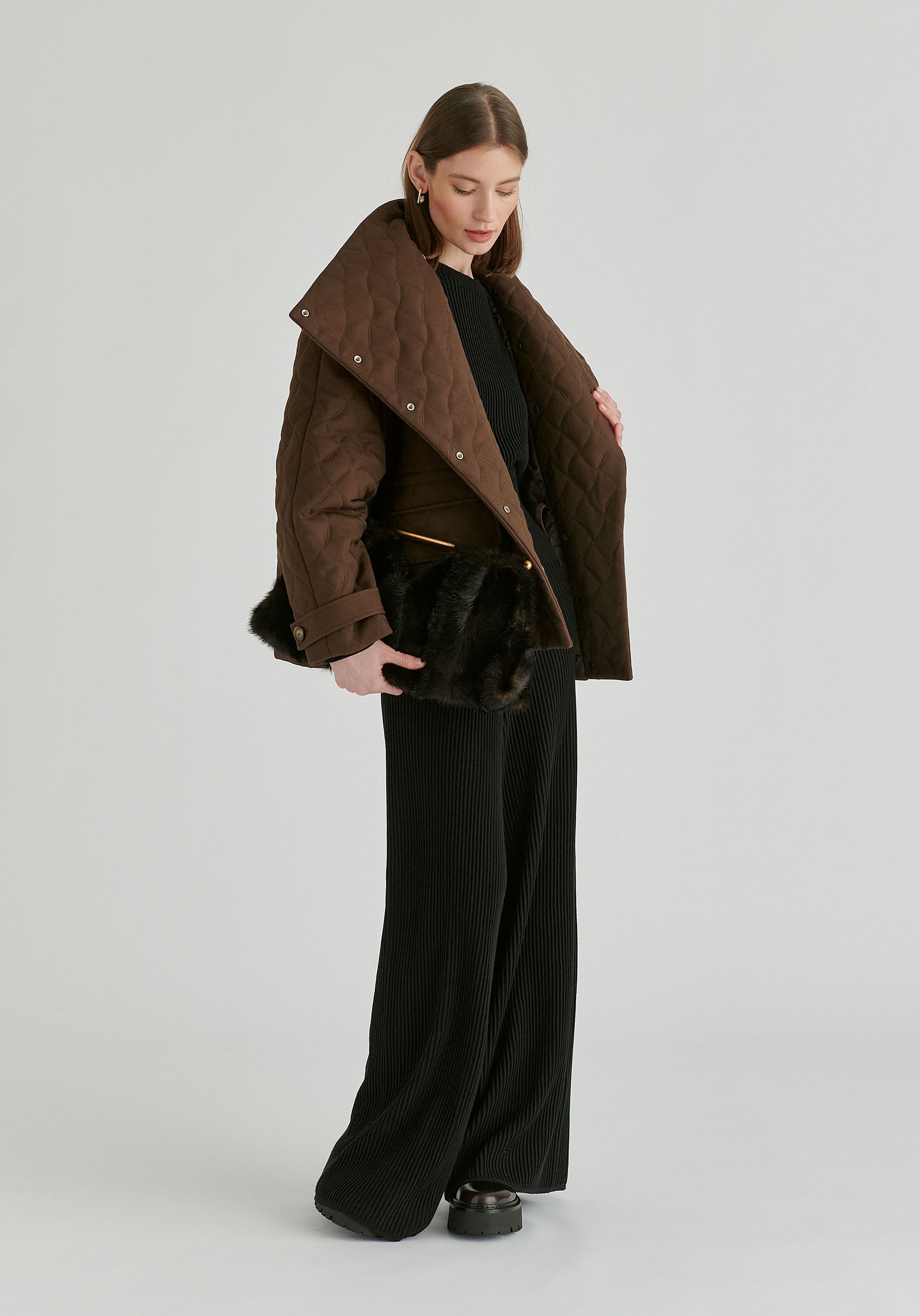 Double Breasted Diamond Quilted Utility Jacket Drawstring Waist in Brown Front