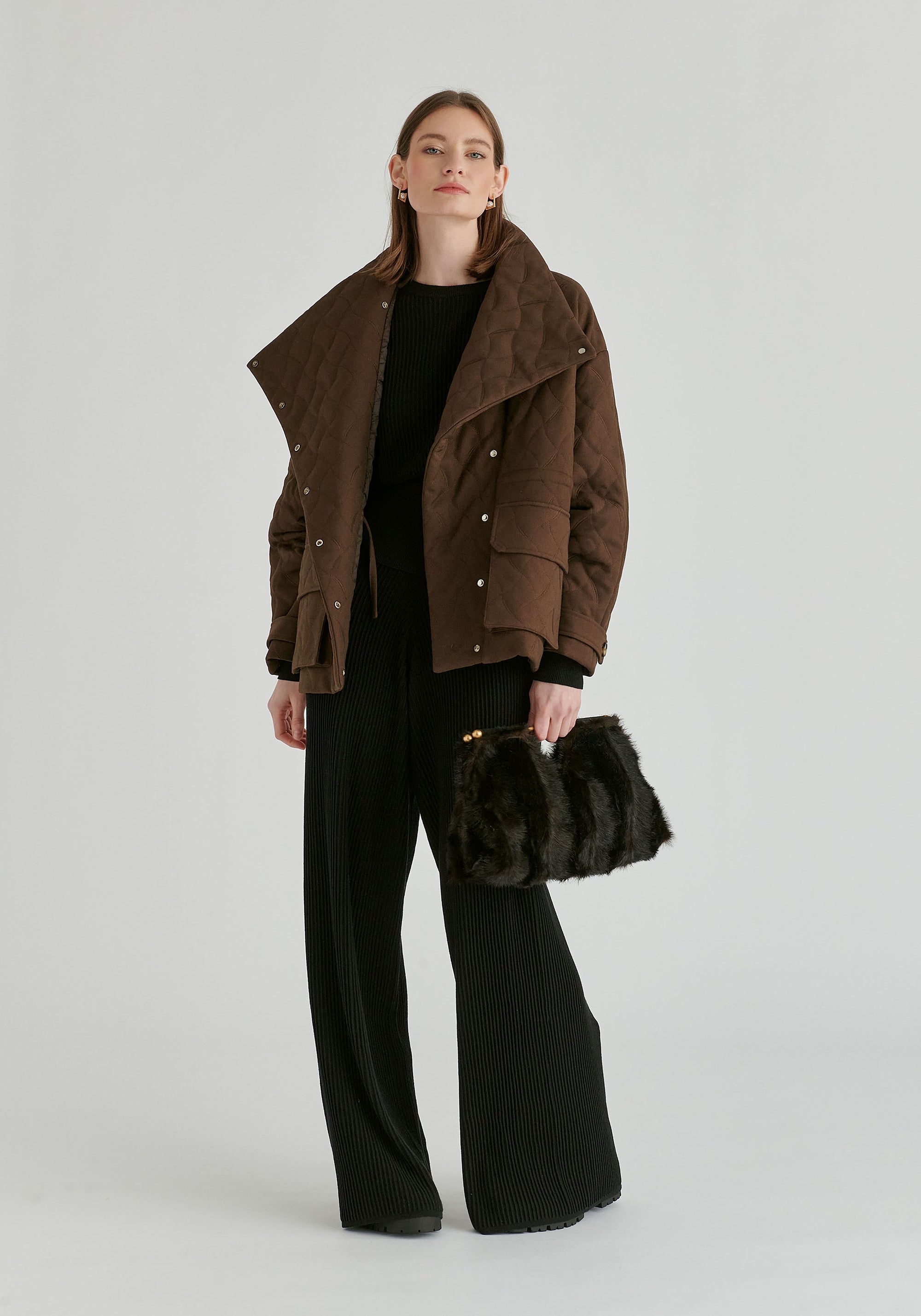 Double Breasted Diamond Quilted Utility Jacket Drawstring Waist in Brown Front