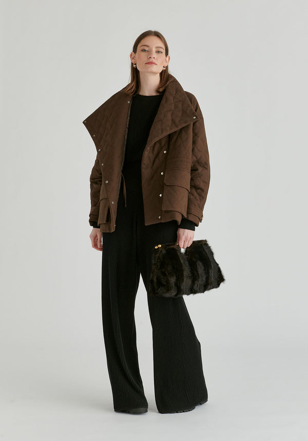 Double Breasted Diamond Quilted Utility Jacket Drawstring Waist in Brown Front