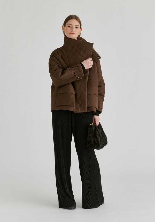 Double Breasted Diamond Quilted Utility Jacket Drawstring Waist in Brown Front