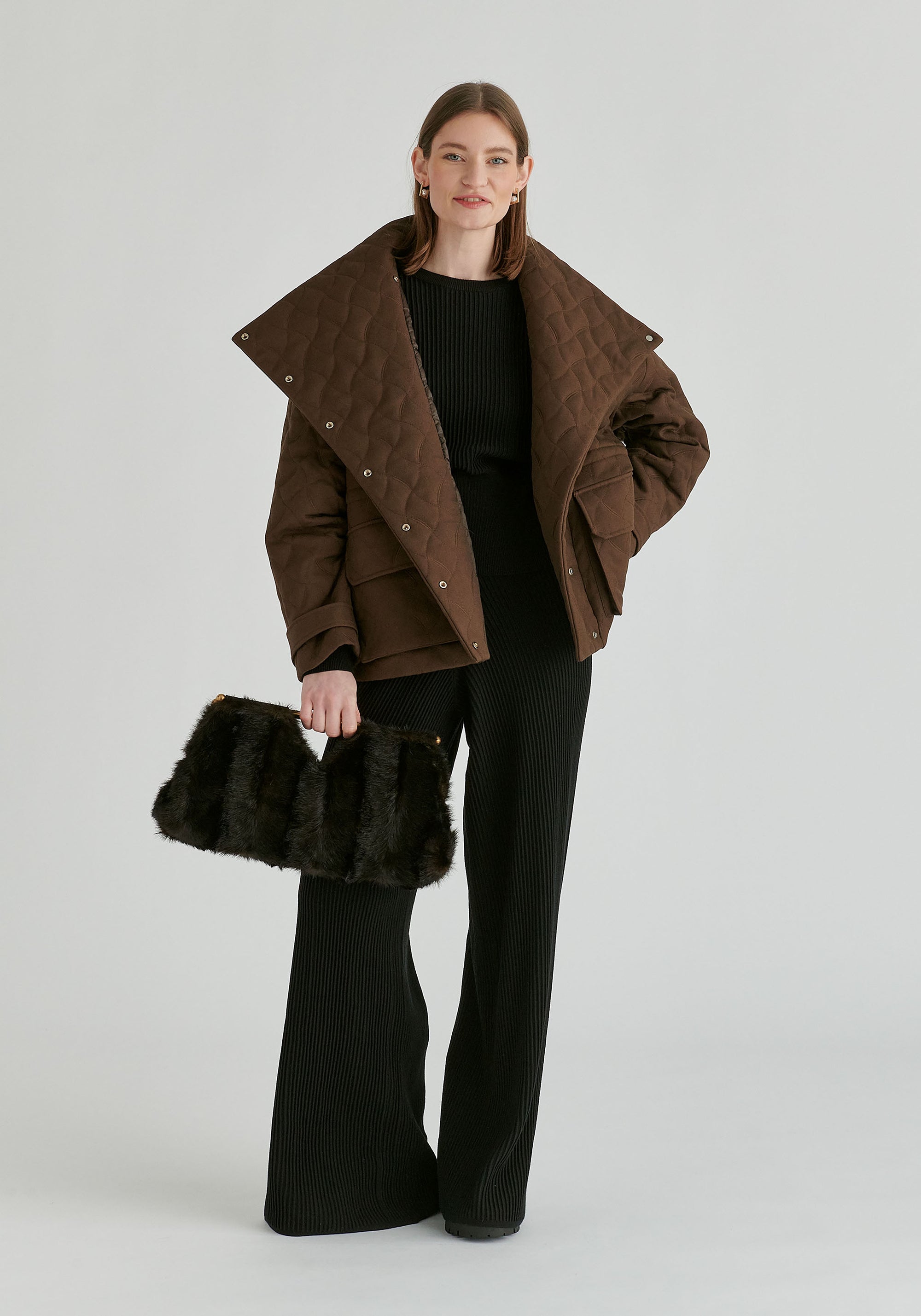 Double Breasted Diamond Quilted Utility Jacket Drawstring Waist in Brown Front