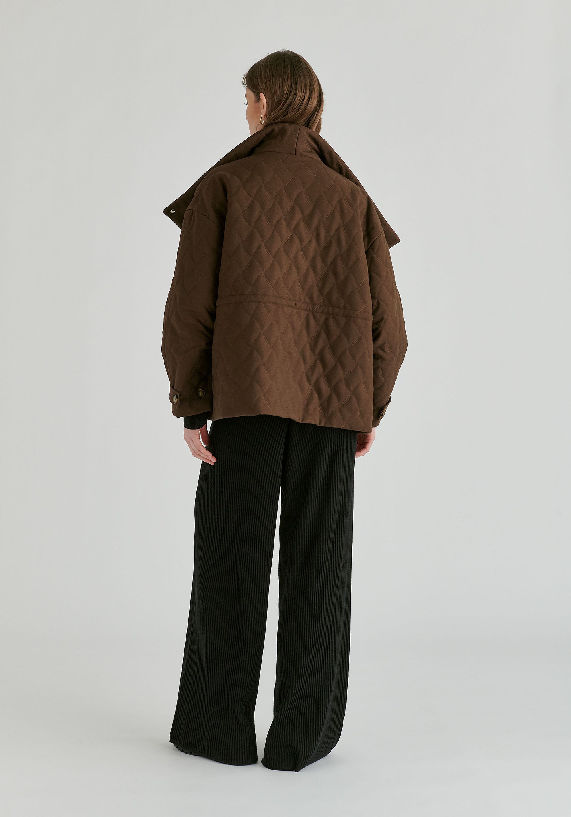 Double Breasted Diamond Quilted Utility Jacket Drawstring Waist in Brown Back