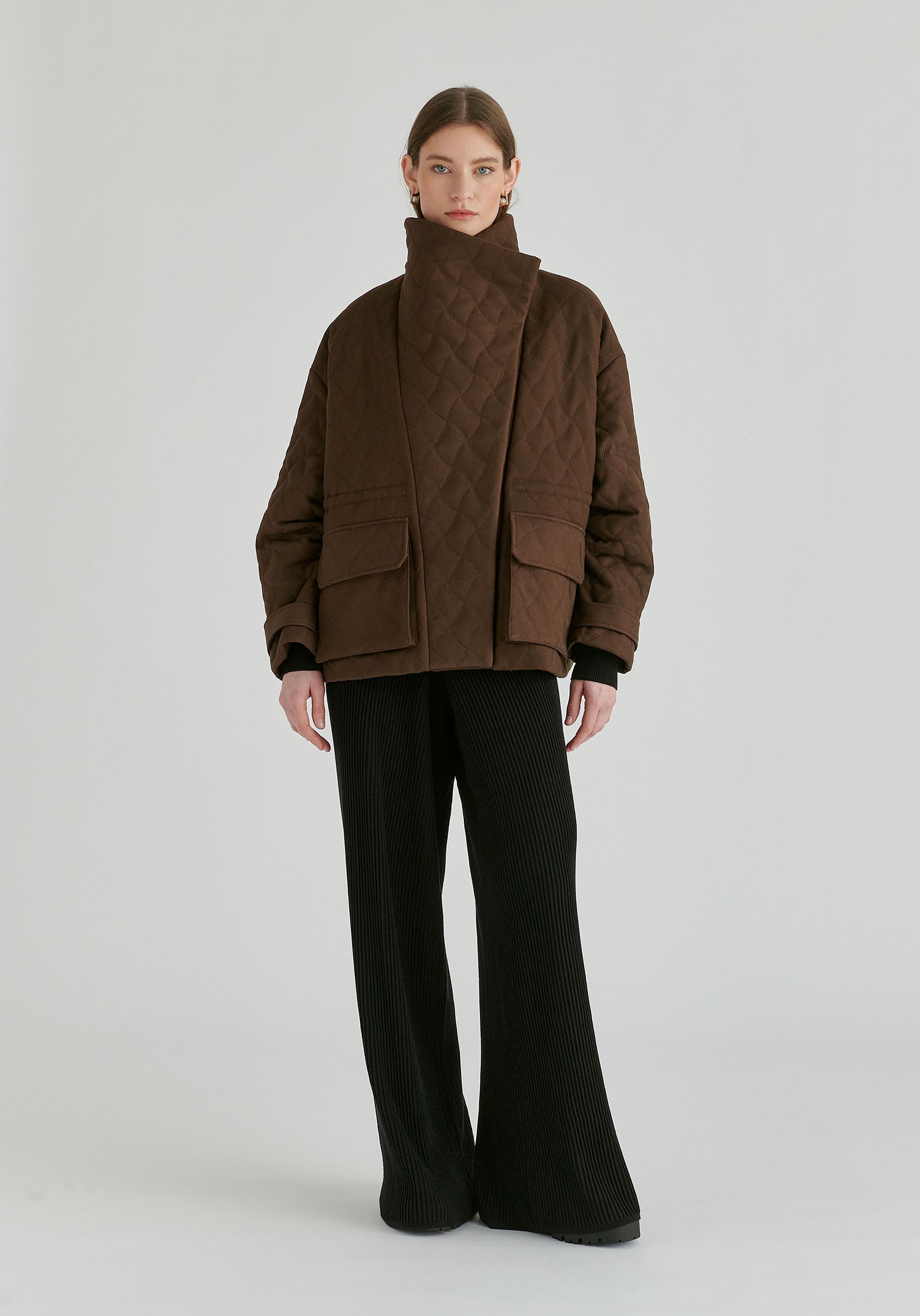 Double Breasted Diamond Quilted Utility Jacket Drawstring Waist in Brown Front