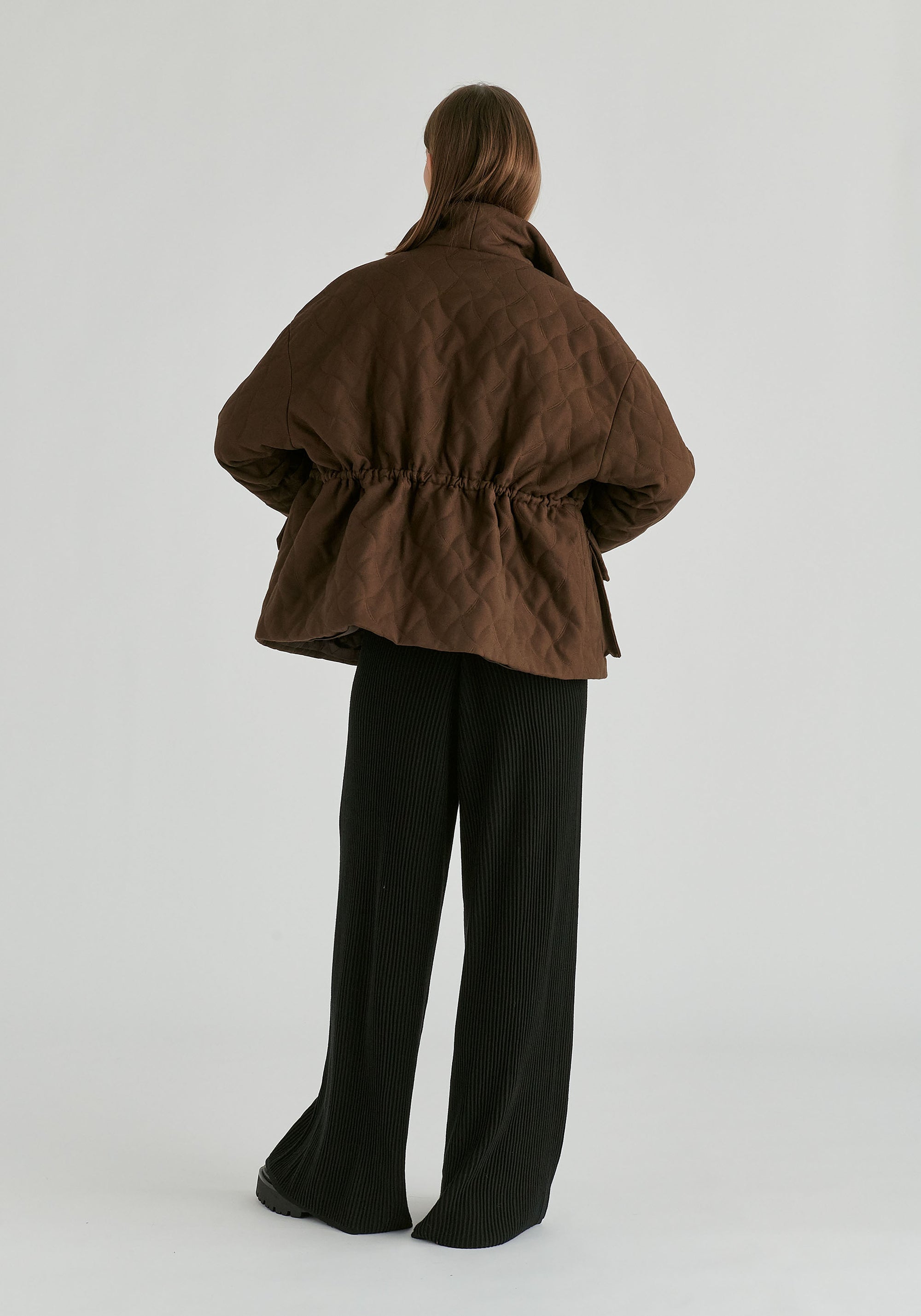 Double Breasted Diamond Quilted Utility Jacket Drawstring Waist in Brown Back