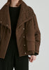 Double Breasted Diamond Quilted Utility Jacket Drawstring Waist in Brown Closeup