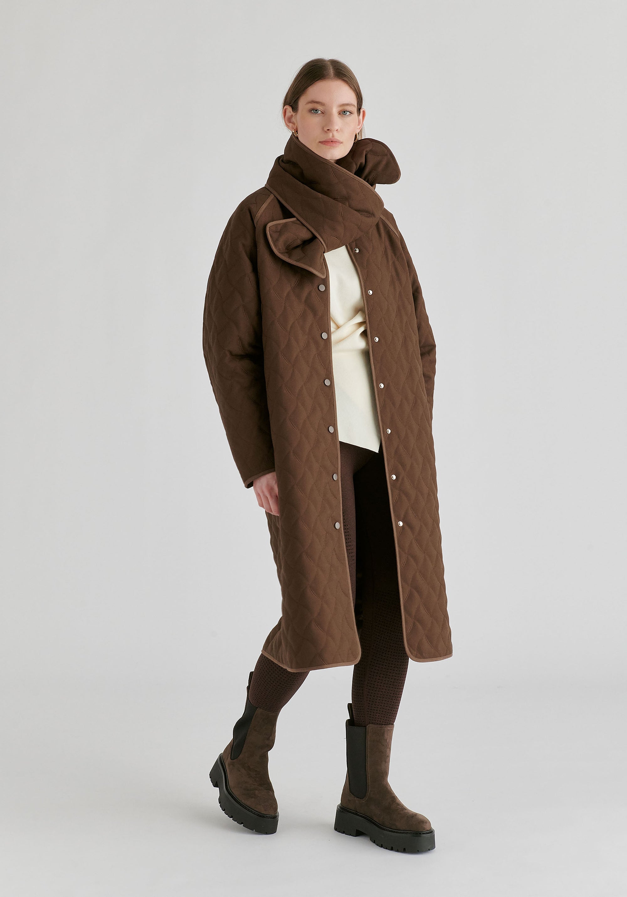 Diamond Quilted Longline Coat with Matching Removable Scarf in Brown Front