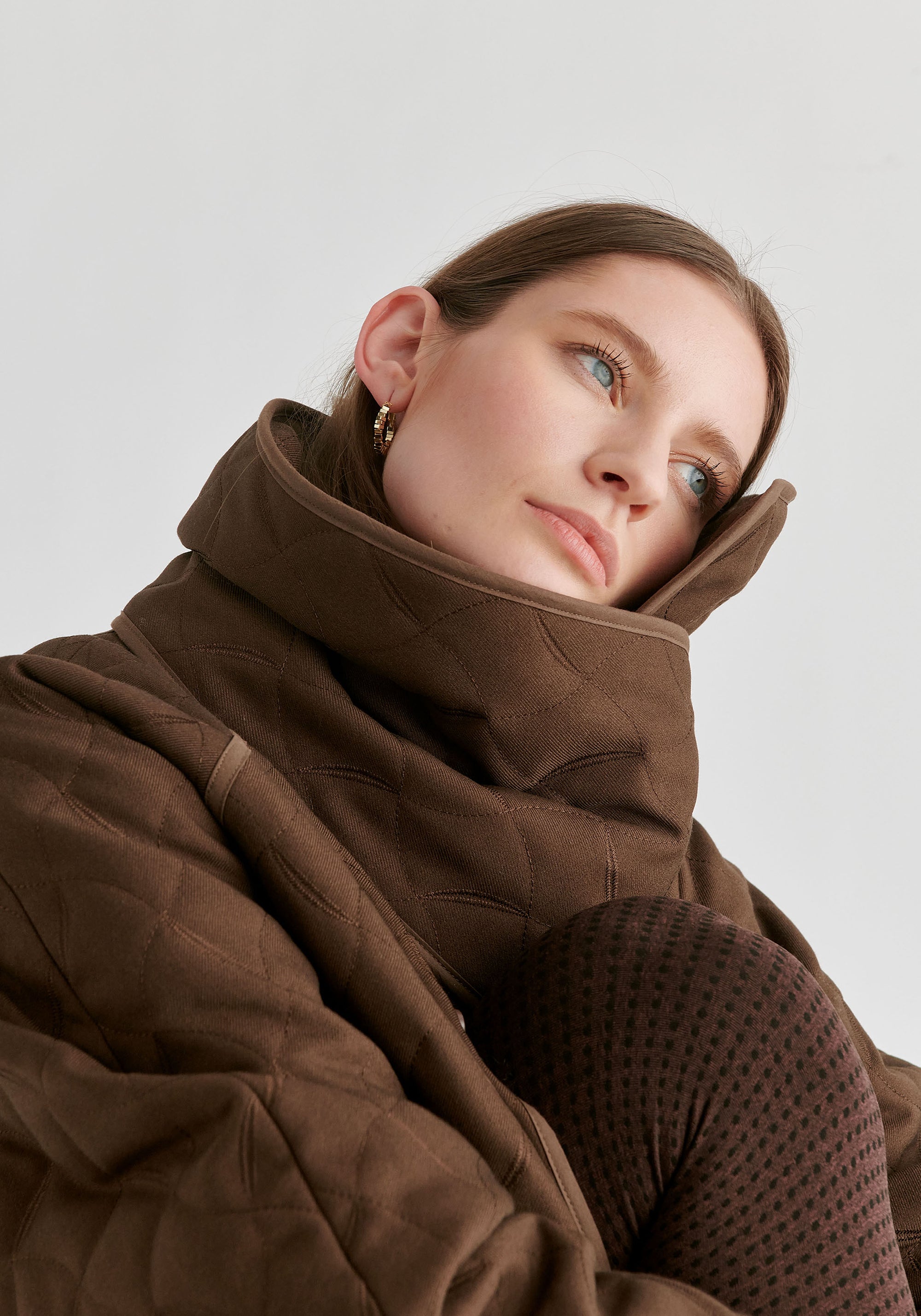 Diamond Quilted Longline Coat with Matching Removable Scarf in Brown Closeup