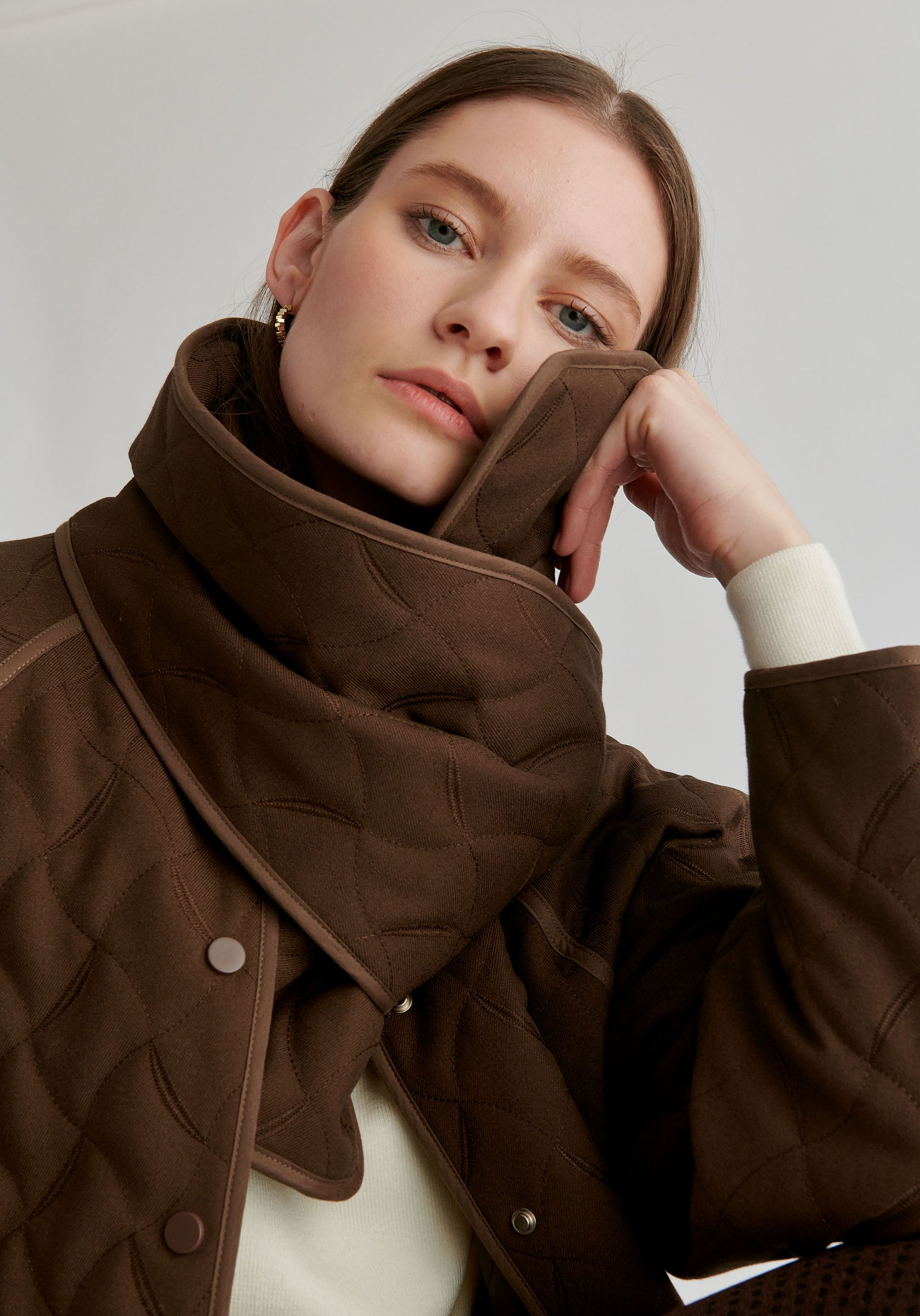 Diamond Quilted Longline Coat with Matching Removable Scarf in Brown Closeup