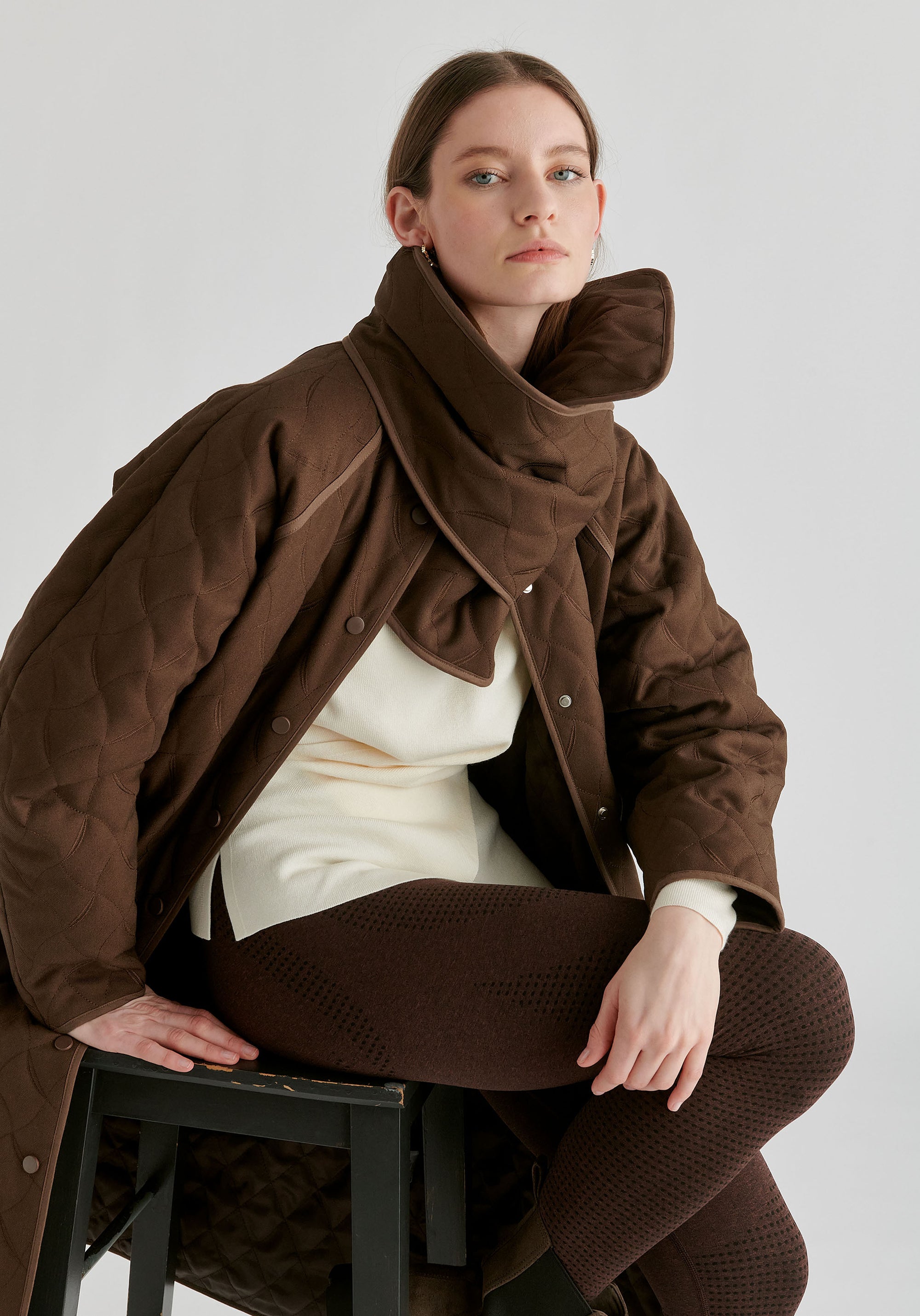 Diamond Quilted Longline Coat with Matching Removable Scarf in Brown Closeup