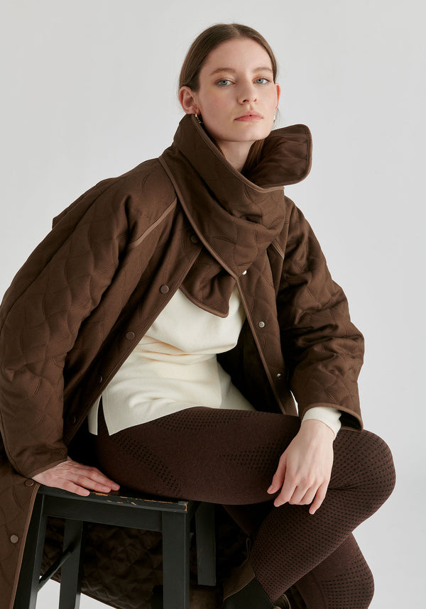 Diamond Quilted Longline Coat with Matching Removable Scarf in Brown Closeup