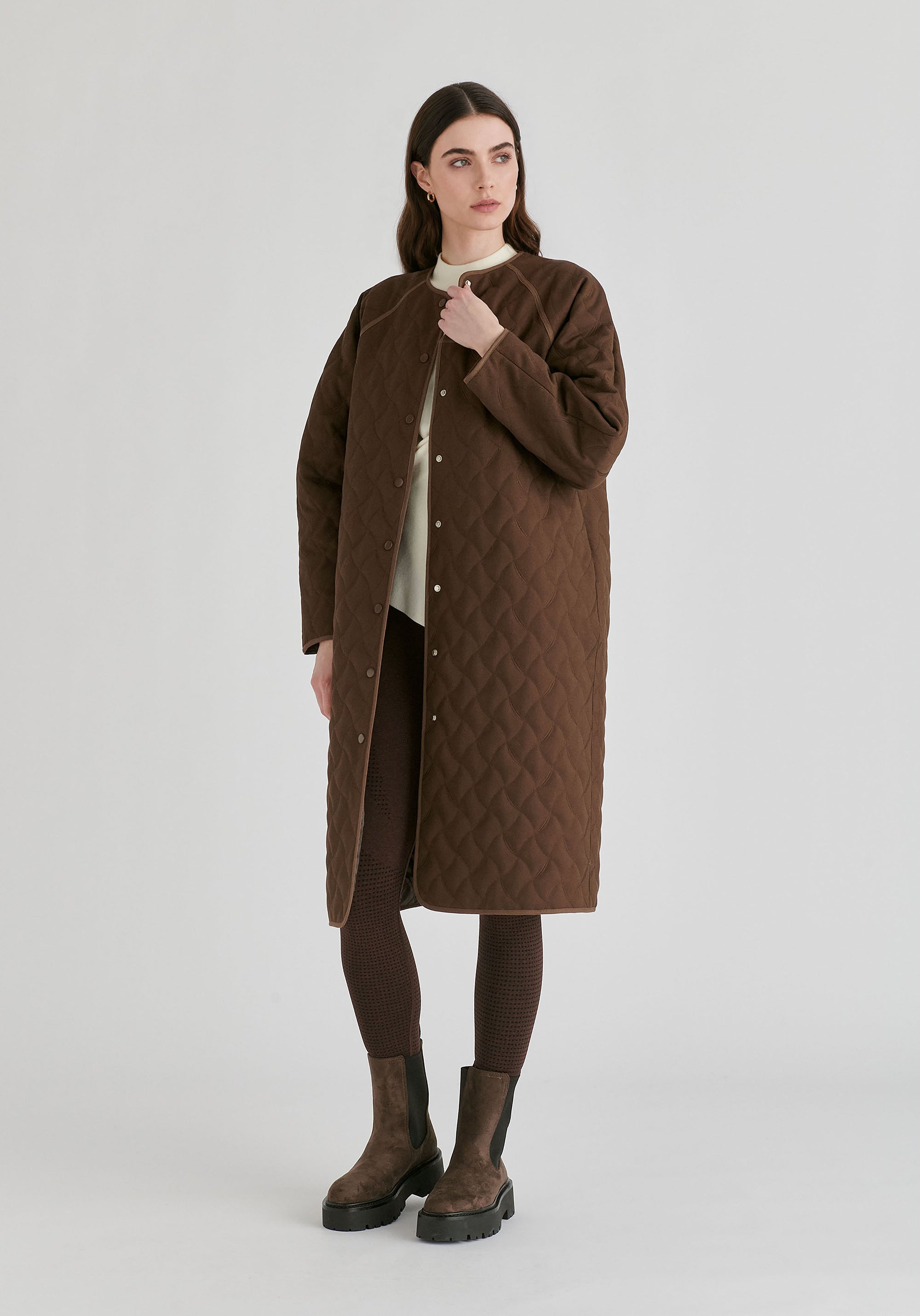 Diamond Quilted Longline Coat with Matching Removable Scarf in Brown Side