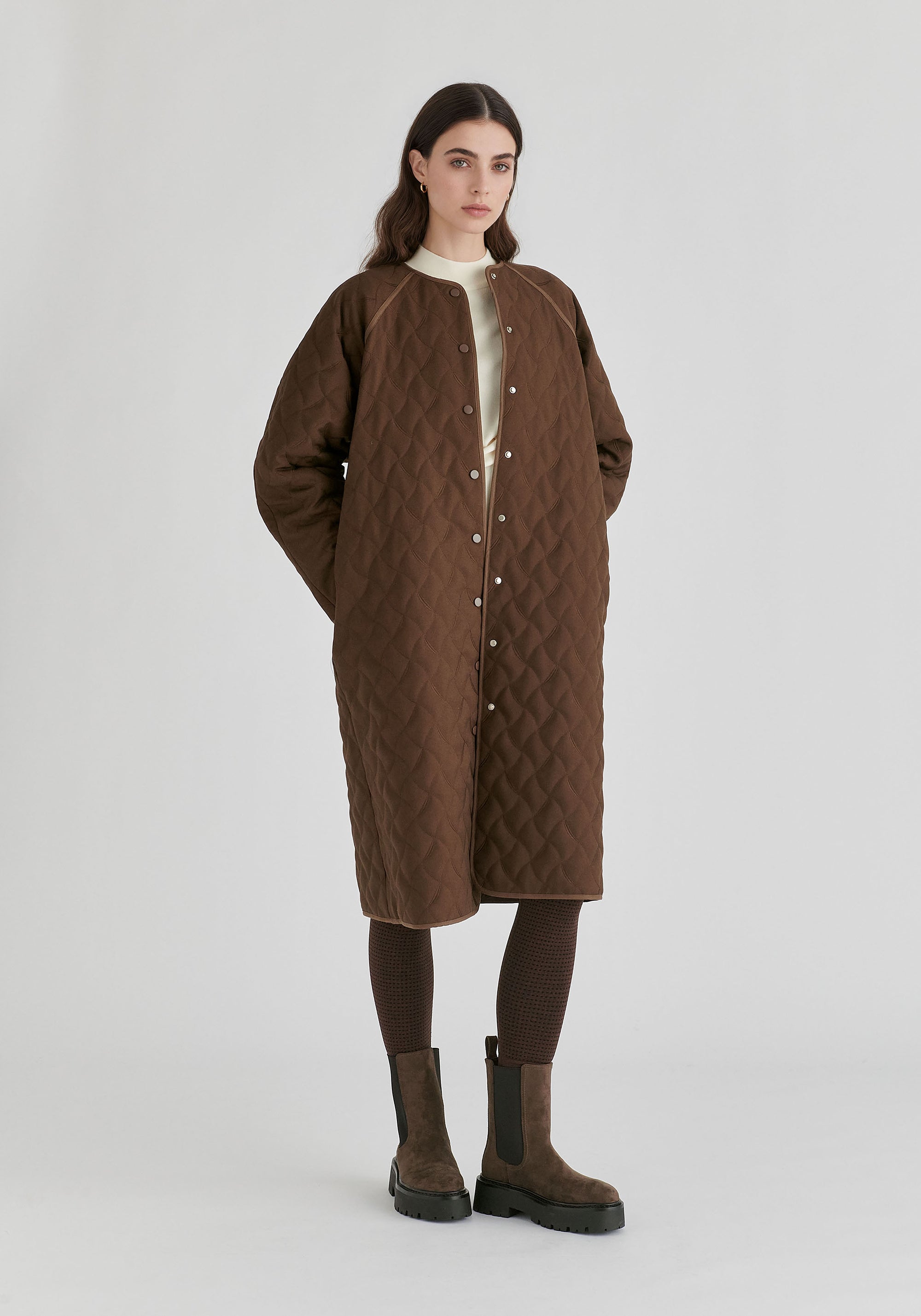 Diamond Quilted Longline Coat with Matching Removable Scarf in Brown Front