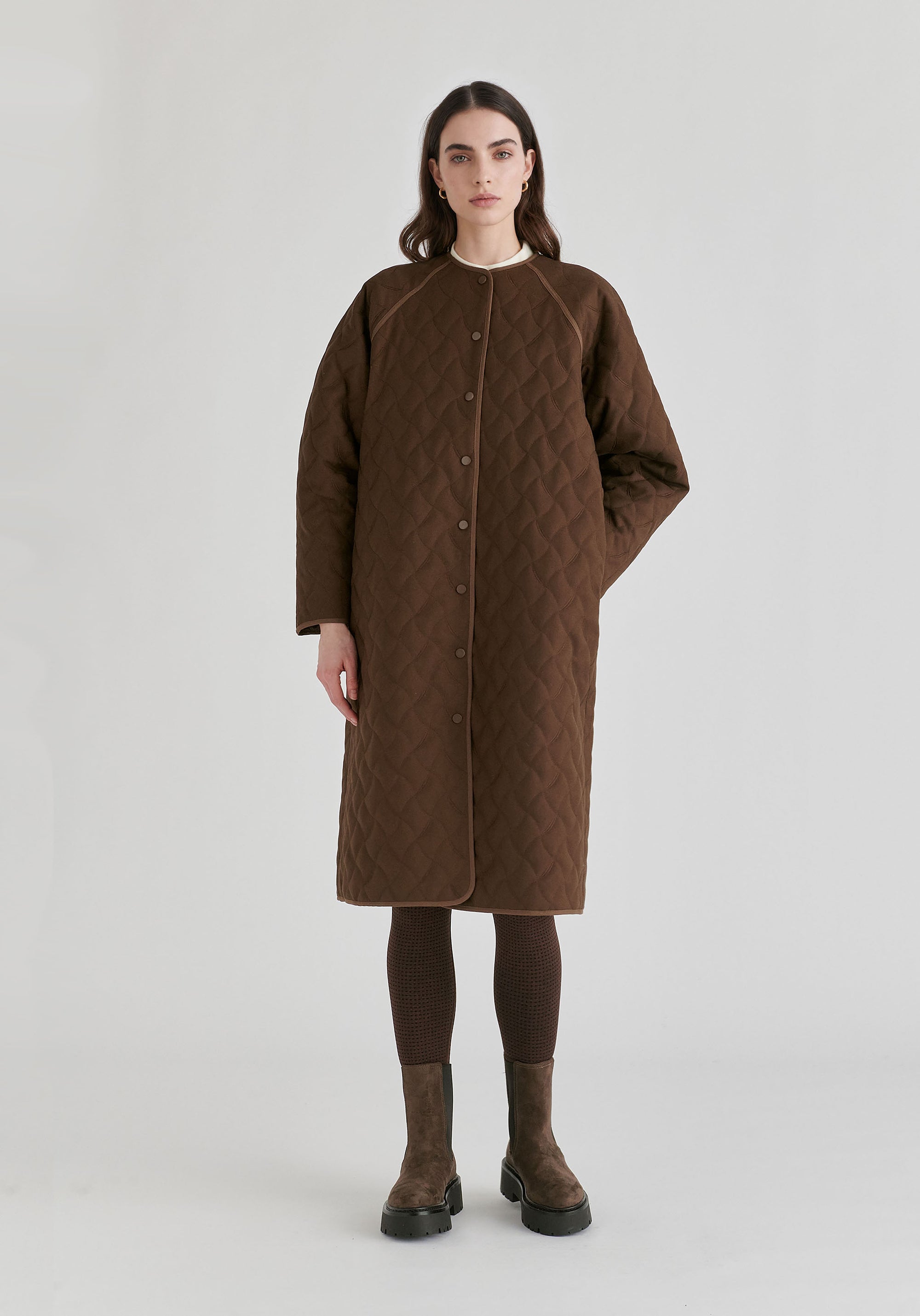 Diamond Quilted Longline Coat with Matching Removable Scarf in Brown Front