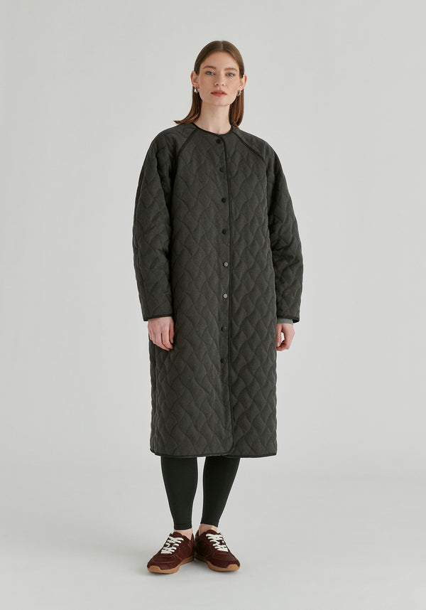 Diamond Quilted Longline Coat with Matching Removable Scarf in Denim Black Front