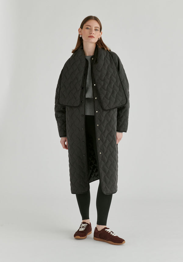 Diamond Quilted Longline Coat with Matching Removable Scarf in Denim Black Front