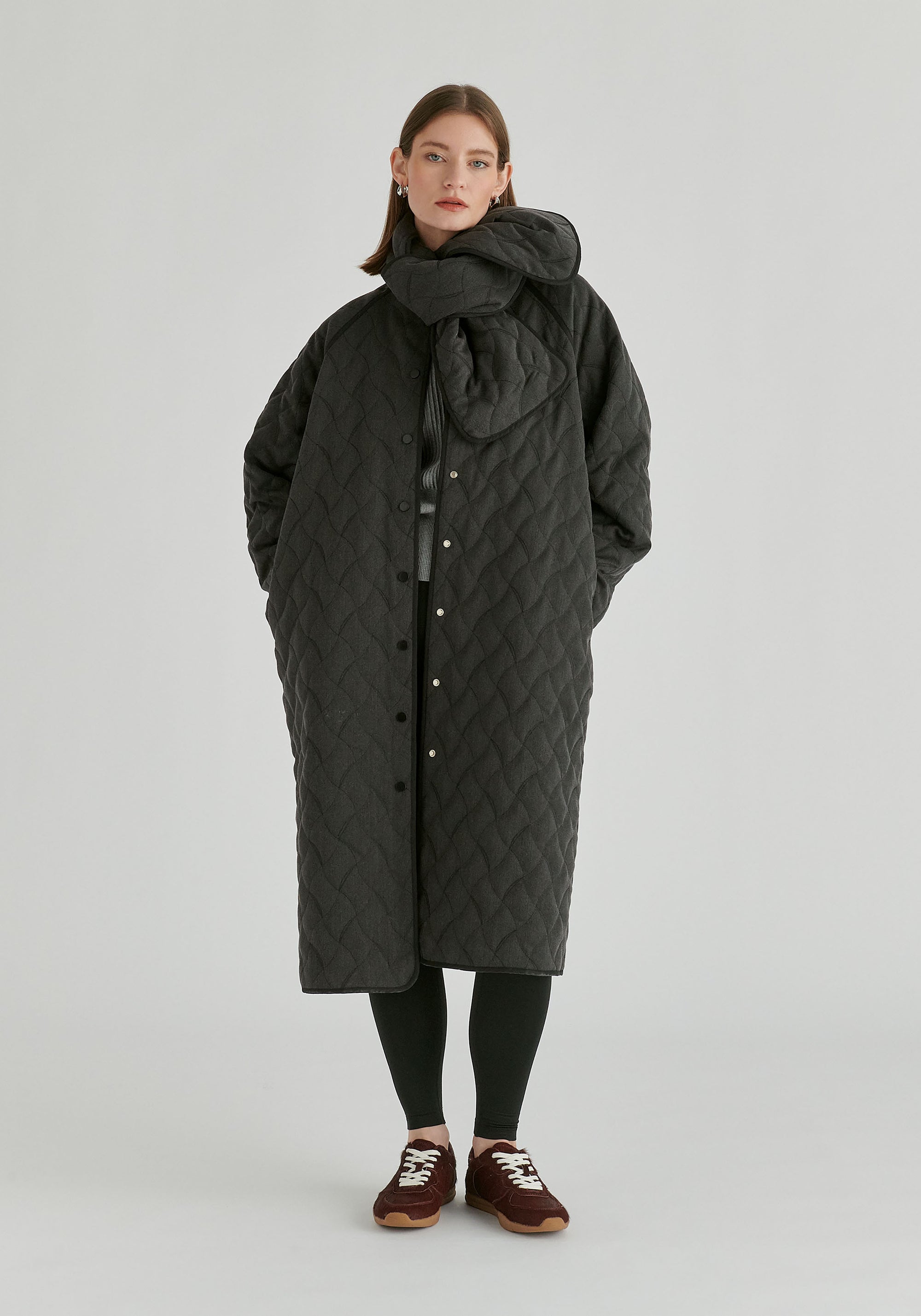 Diamond Quilted Longline Coat with Matching Removable Scarf in Denim Black Front