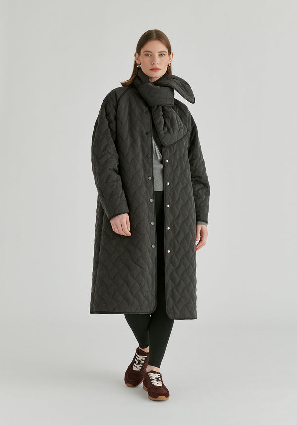 Diamond Quilted Longline Coat with Matching Removable Scarf in Denim Black Front