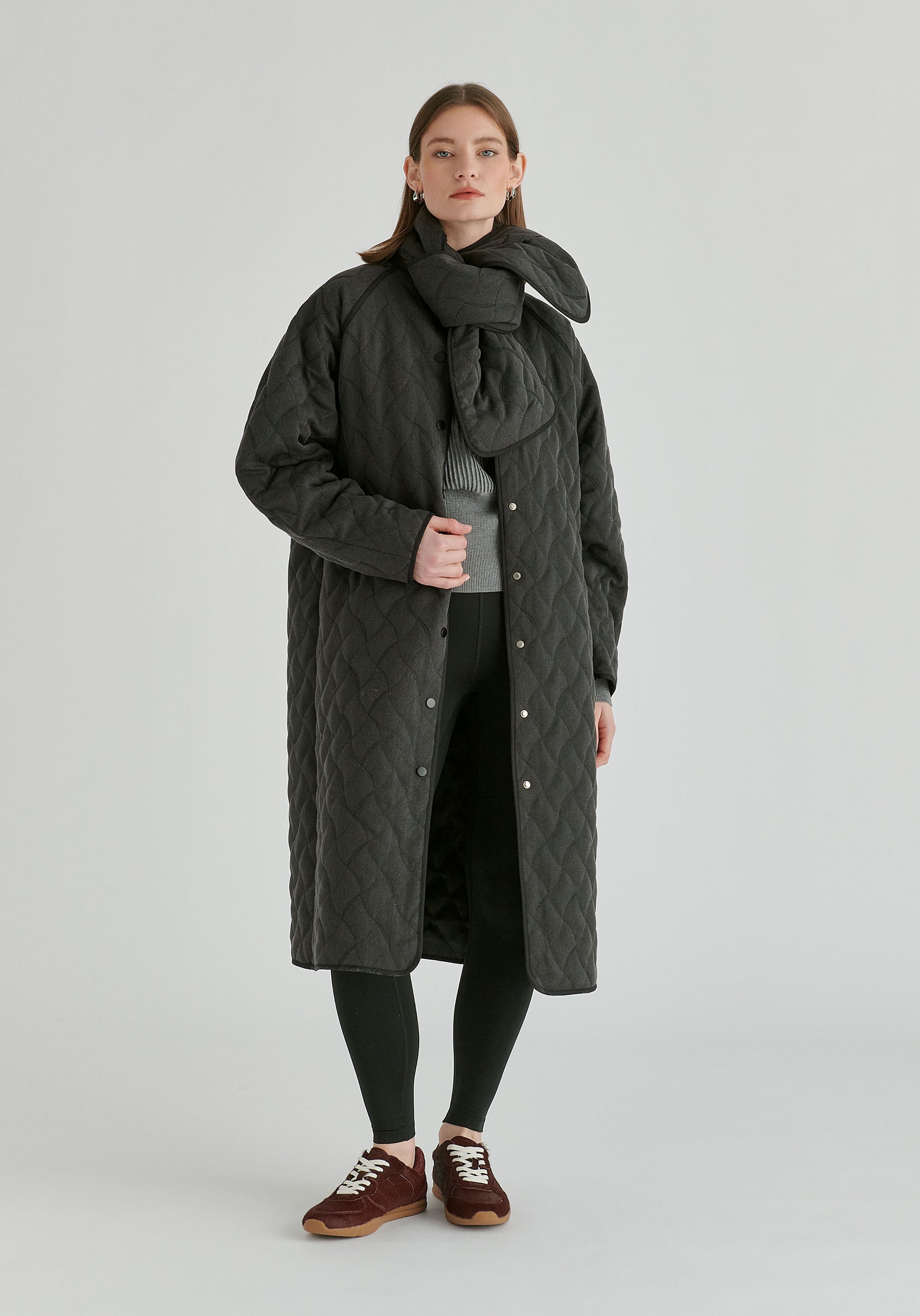 Diamond Quilted Longline Coat with Matching Removable Scarf in Denim Black Front