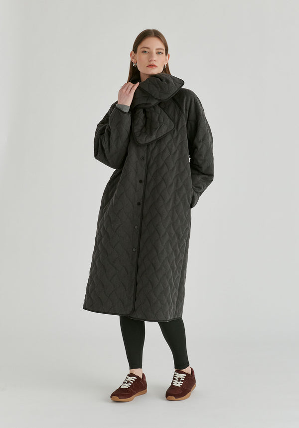 Diamond Quilted Longline Coat with Matching Removable Scarf in Denim Black Front