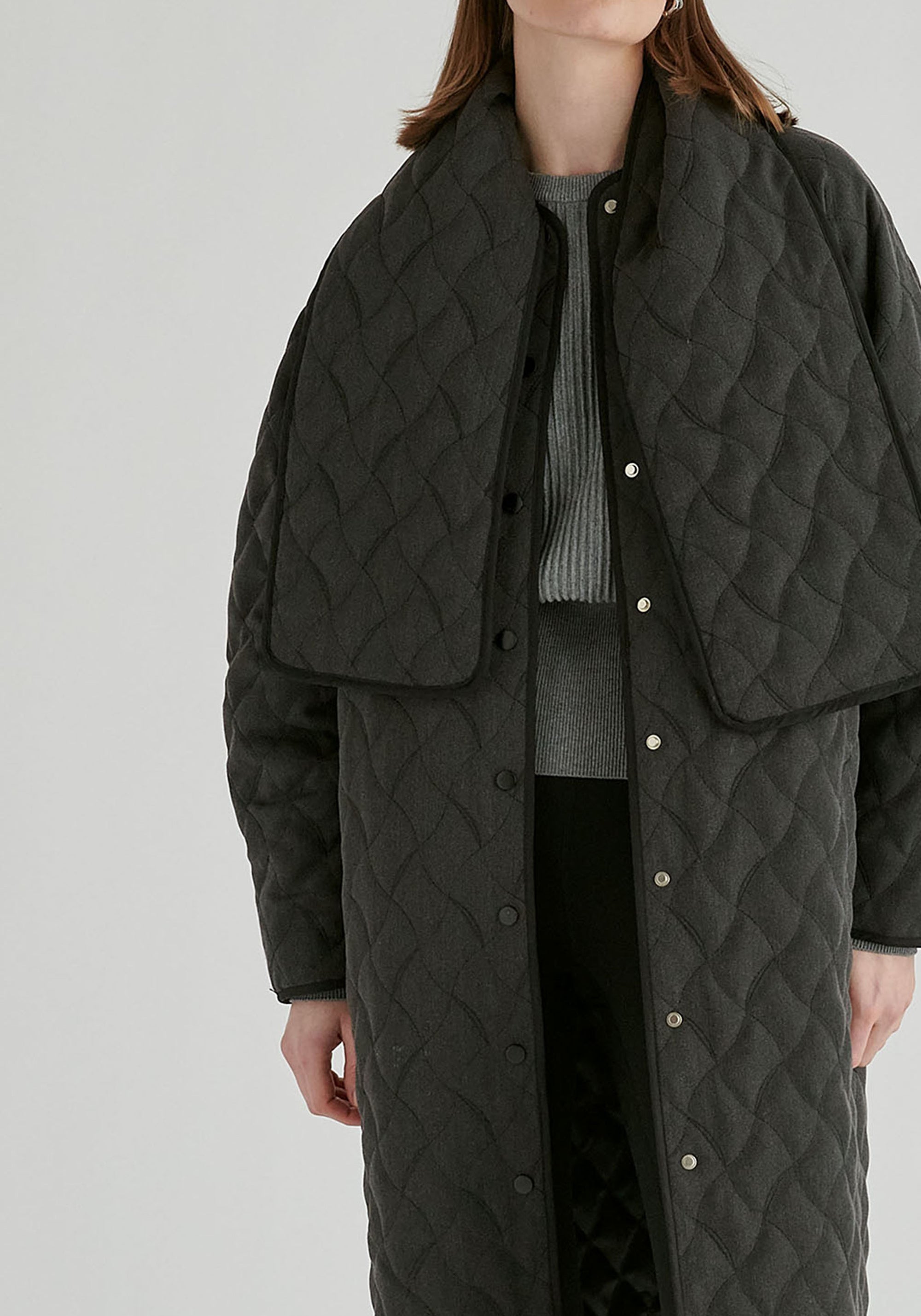 Diamond Quilted Longline Coat with Matching Removable Scarf in Denim Black Closeup