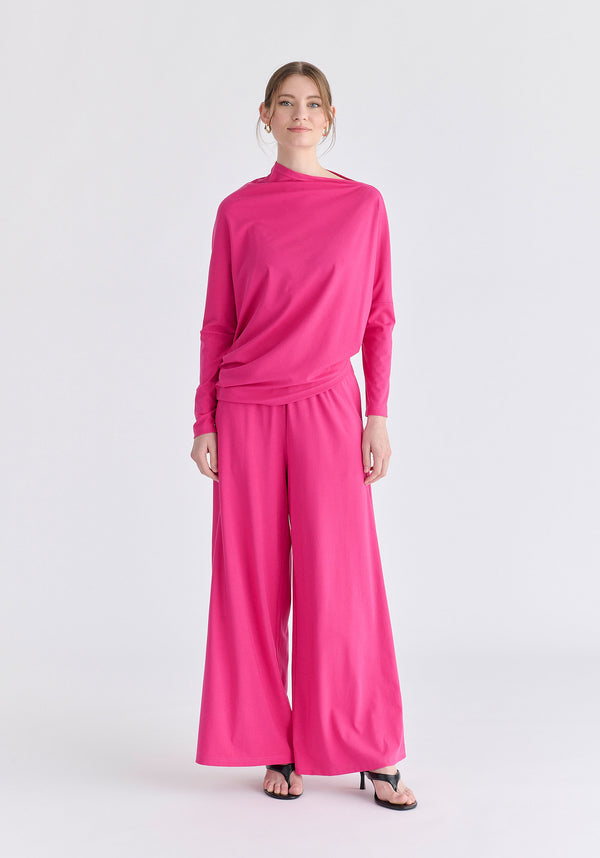 Asymmetric Draped Lyocell Jersey Top in Hot Pink Front