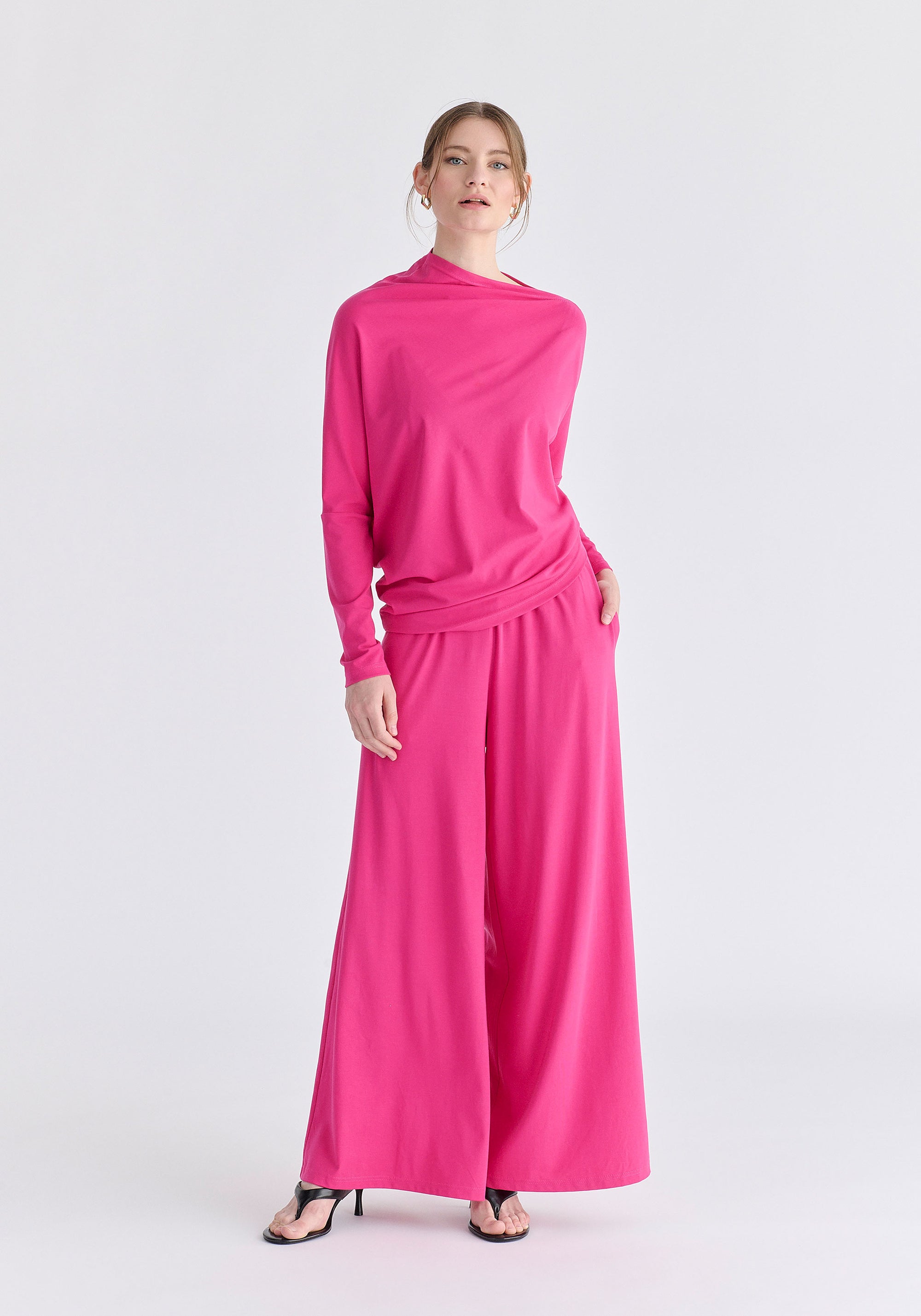 Asymmetric Draped Lyocell Jersey Top in Hot Pink Front