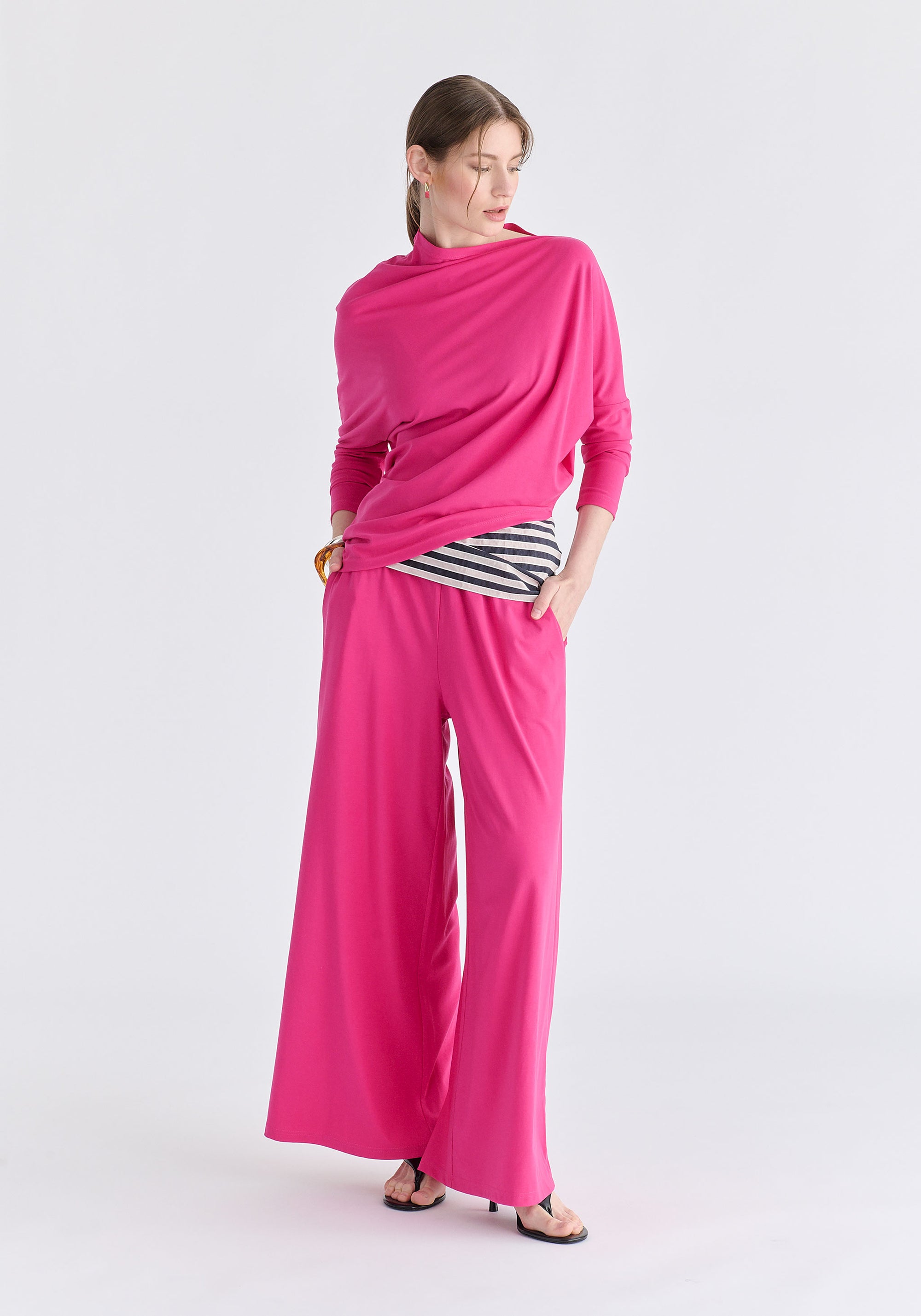 Asymmetric Draped Lyocell Jersey Top in Hot Pink Front