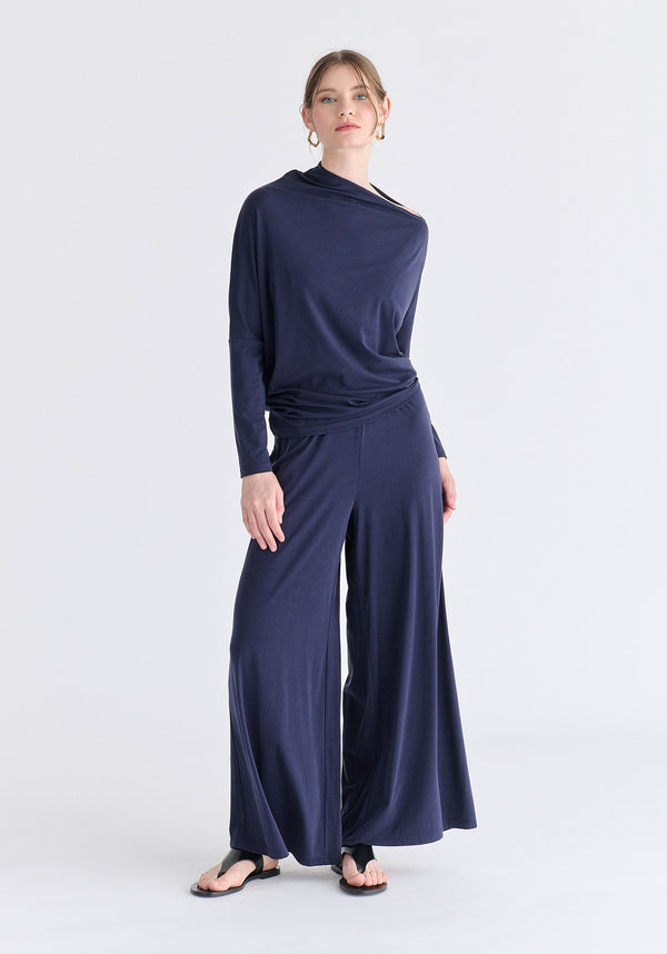 Asymmetric Draped Lyocell Jersey Top in Navy Front