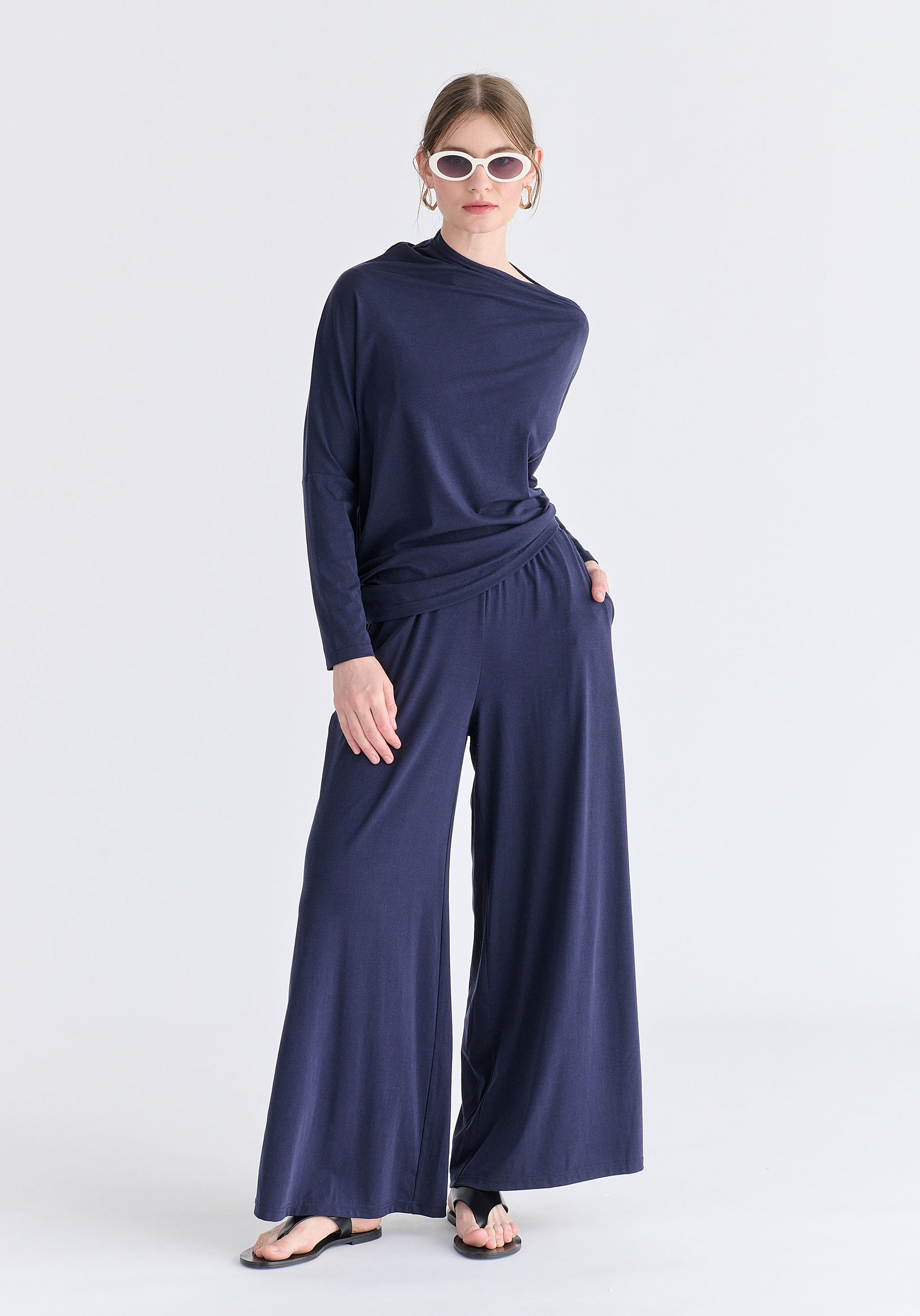 Asymmetric Draped Lyocell Jersey Top in Navy Front