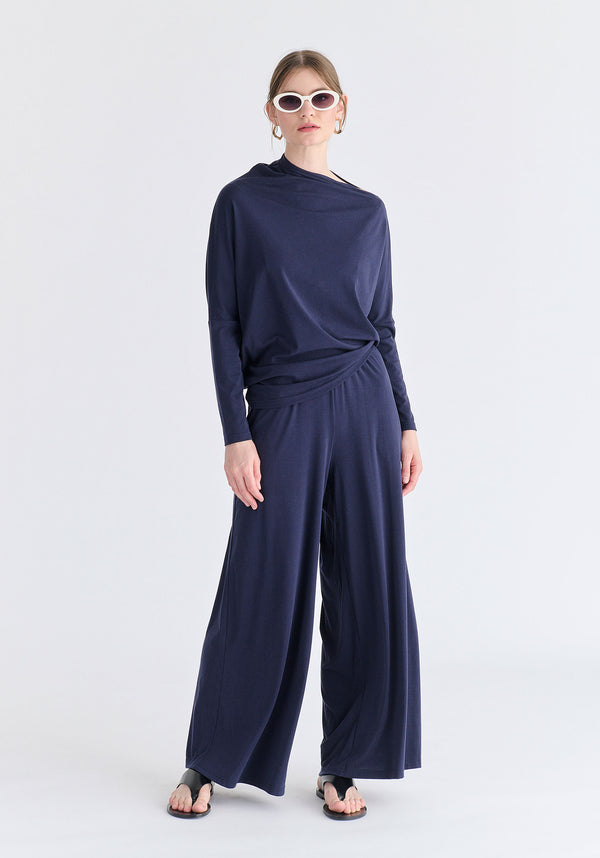 Asymmetric Draped Lyocell Jersey Top in Navy Front