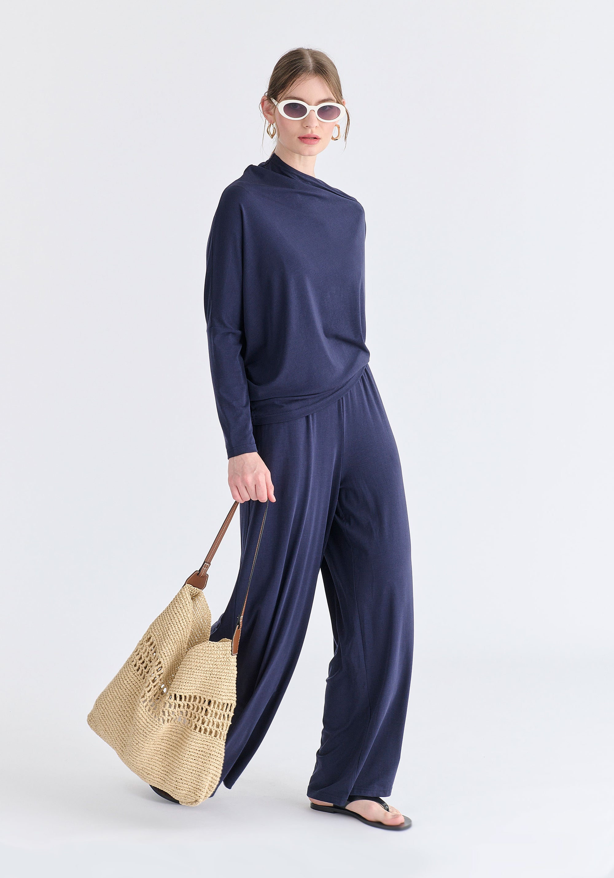 Asymmetric Draped Lyocell Jersey Top in Navy Side