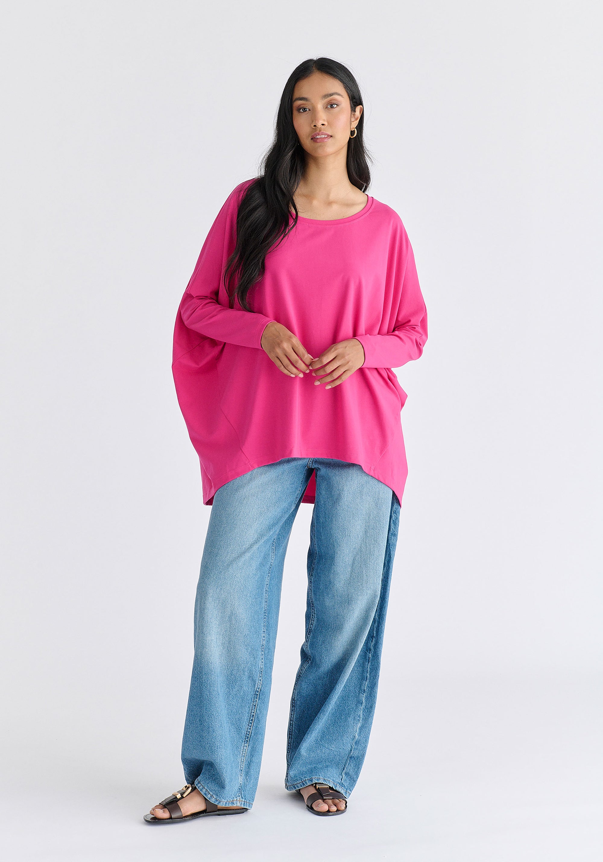 Wide Neck Oversized Lyocell Jersey Top in Hot Pink Front