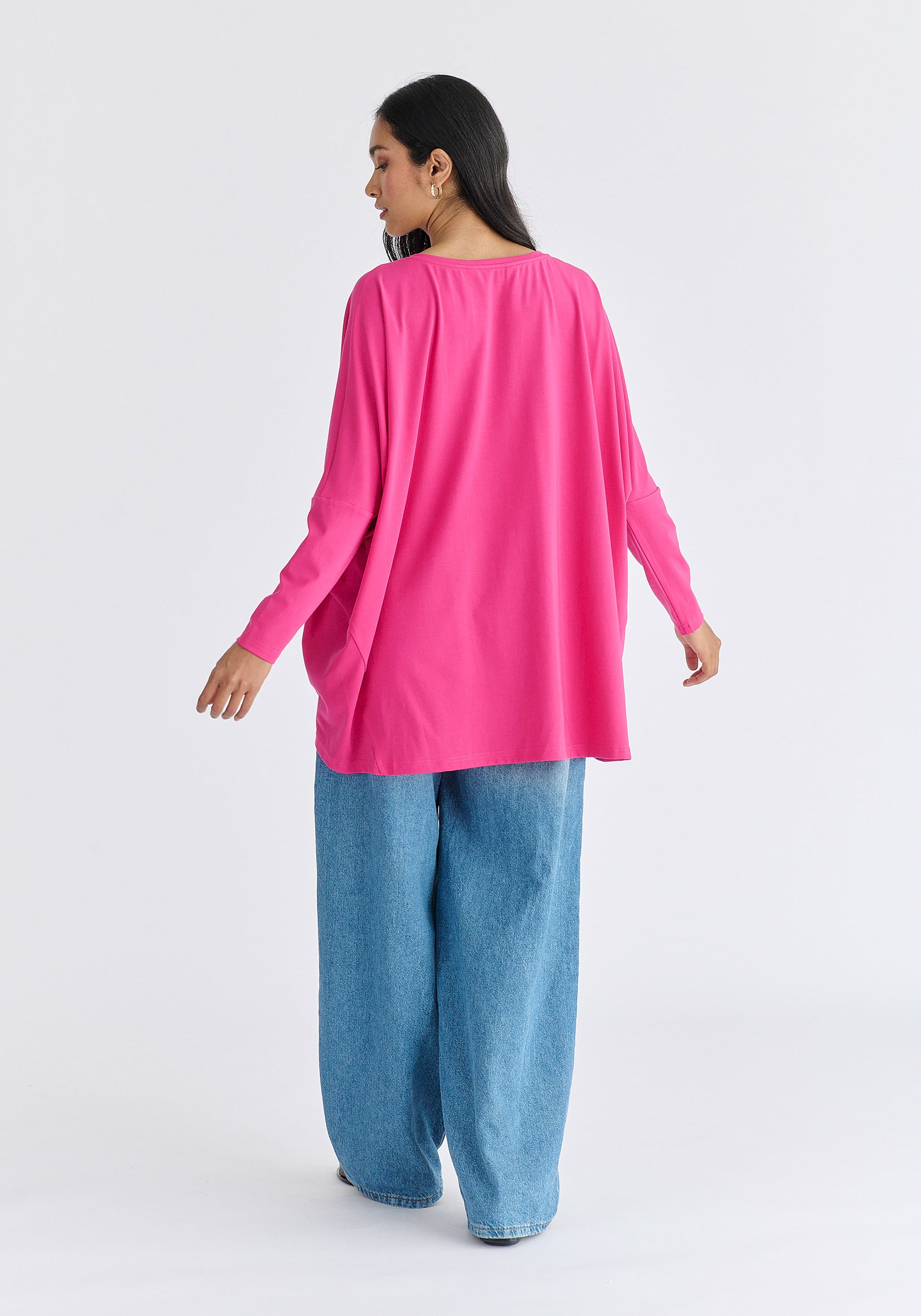 Wide Neck Oversized Lyocell Jersey Top in Hot Pink Back