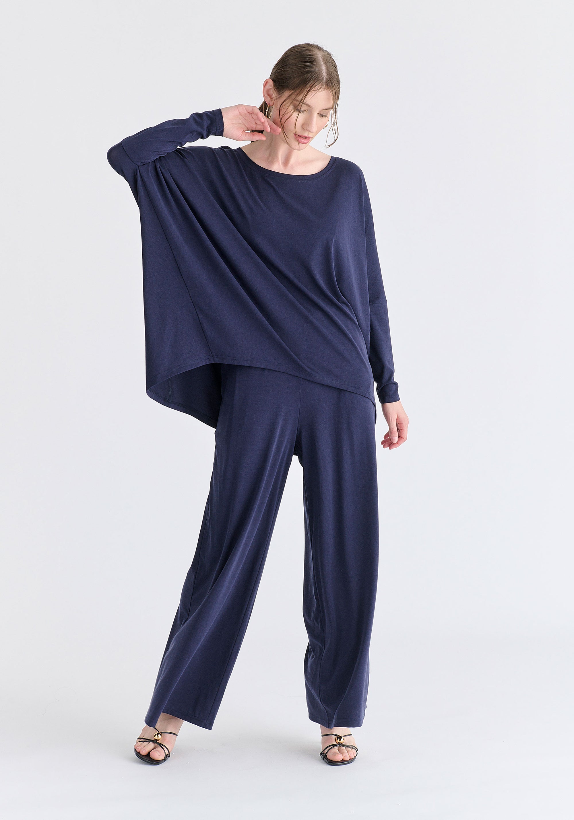 Wide Neck Oversized Lyocell Jersey Top in Navy Front