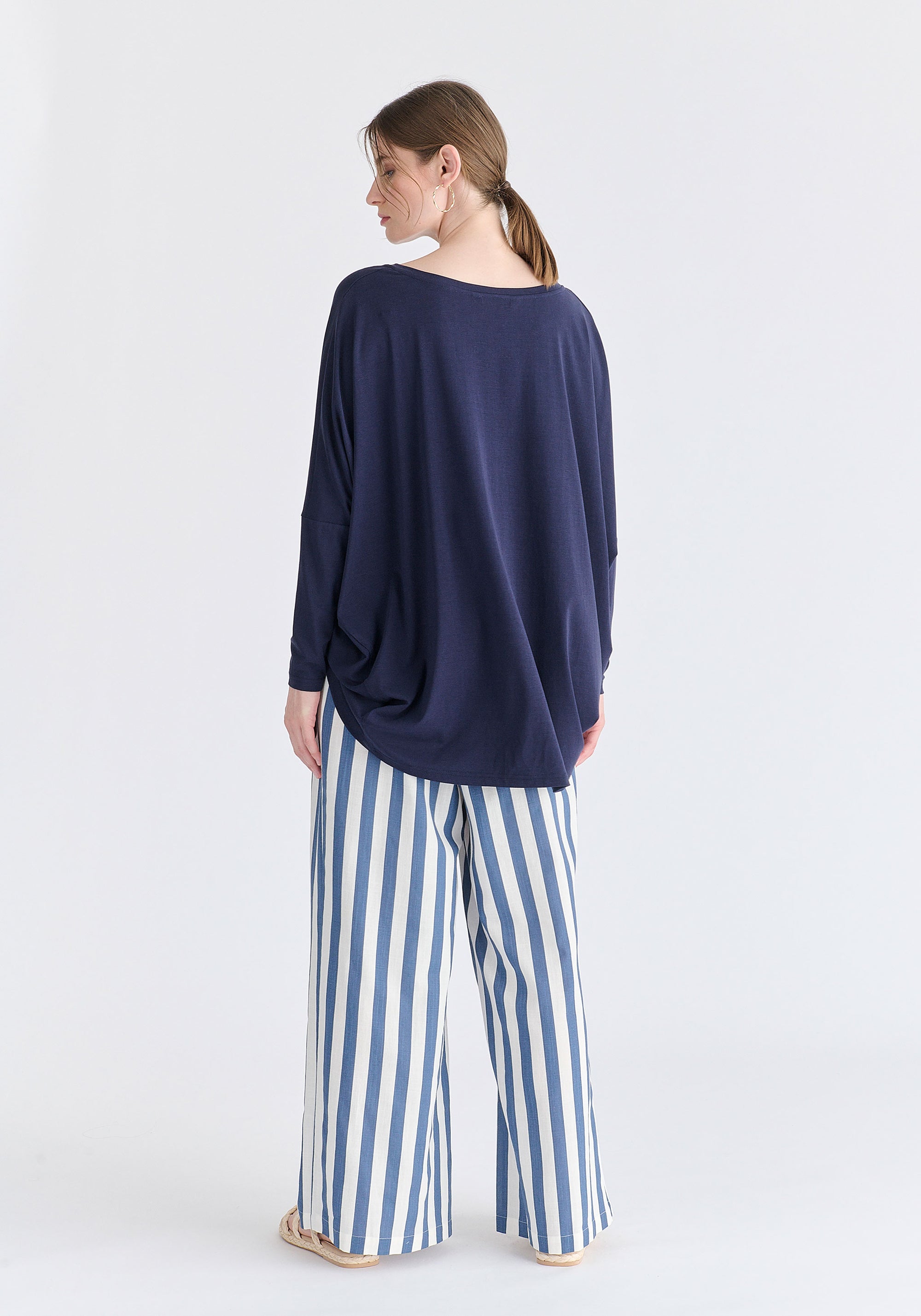 Wide Neck Oversized Lyocell Jersey Top in Navy Back