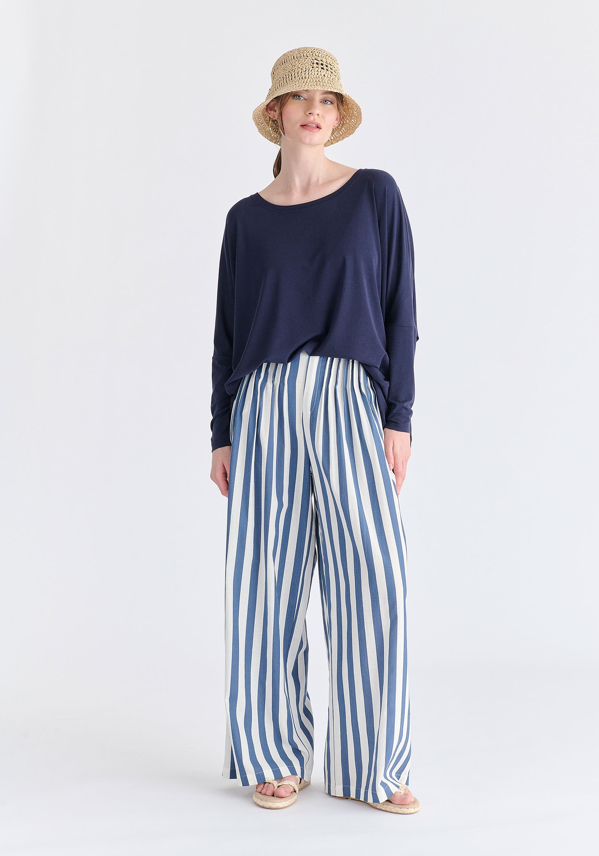 Wide Neck Oversized Lyocell Jersey Top in Navy Front