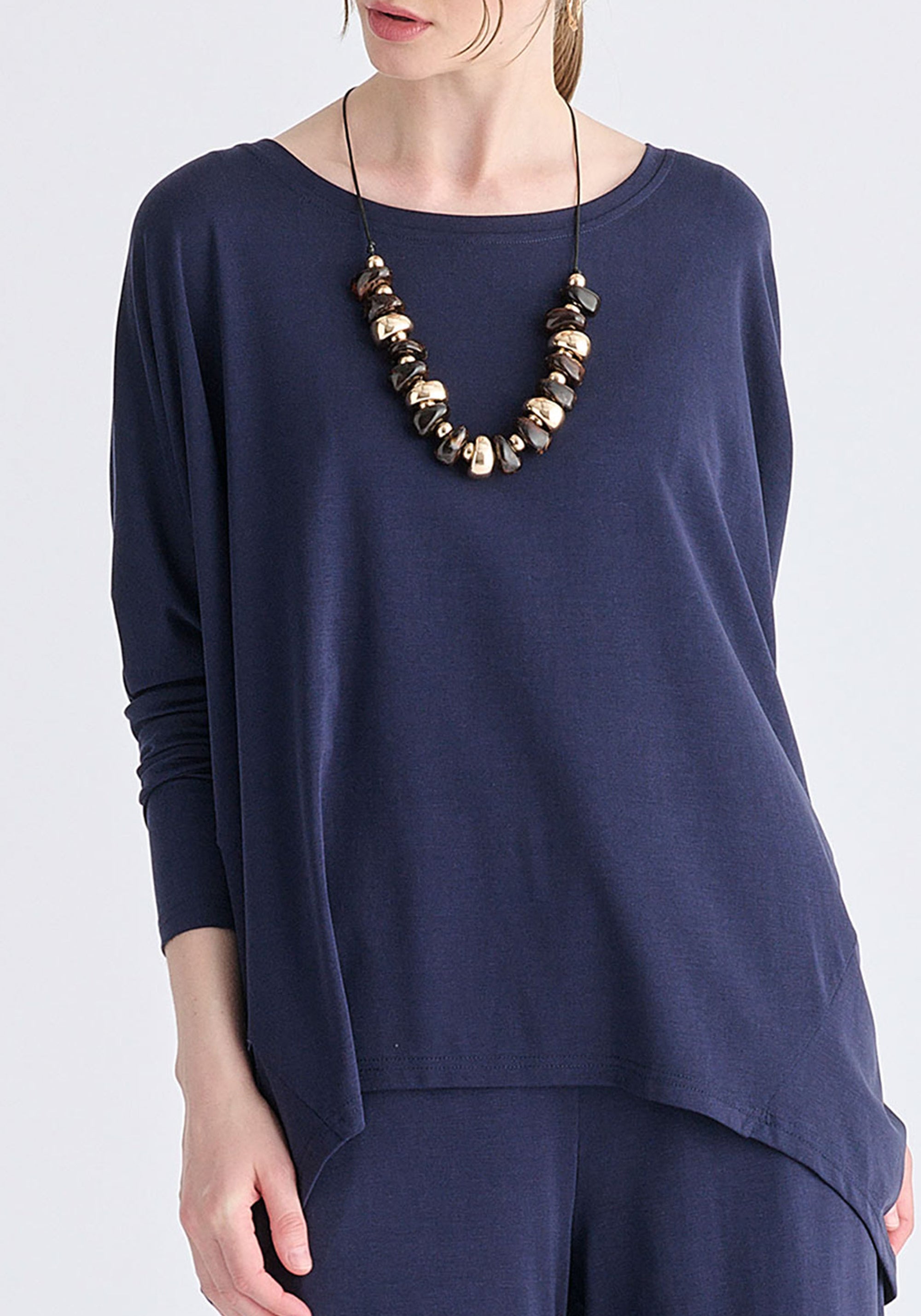 Wide Neck Oversized Lyocell Jersey Top in Navy Closeup