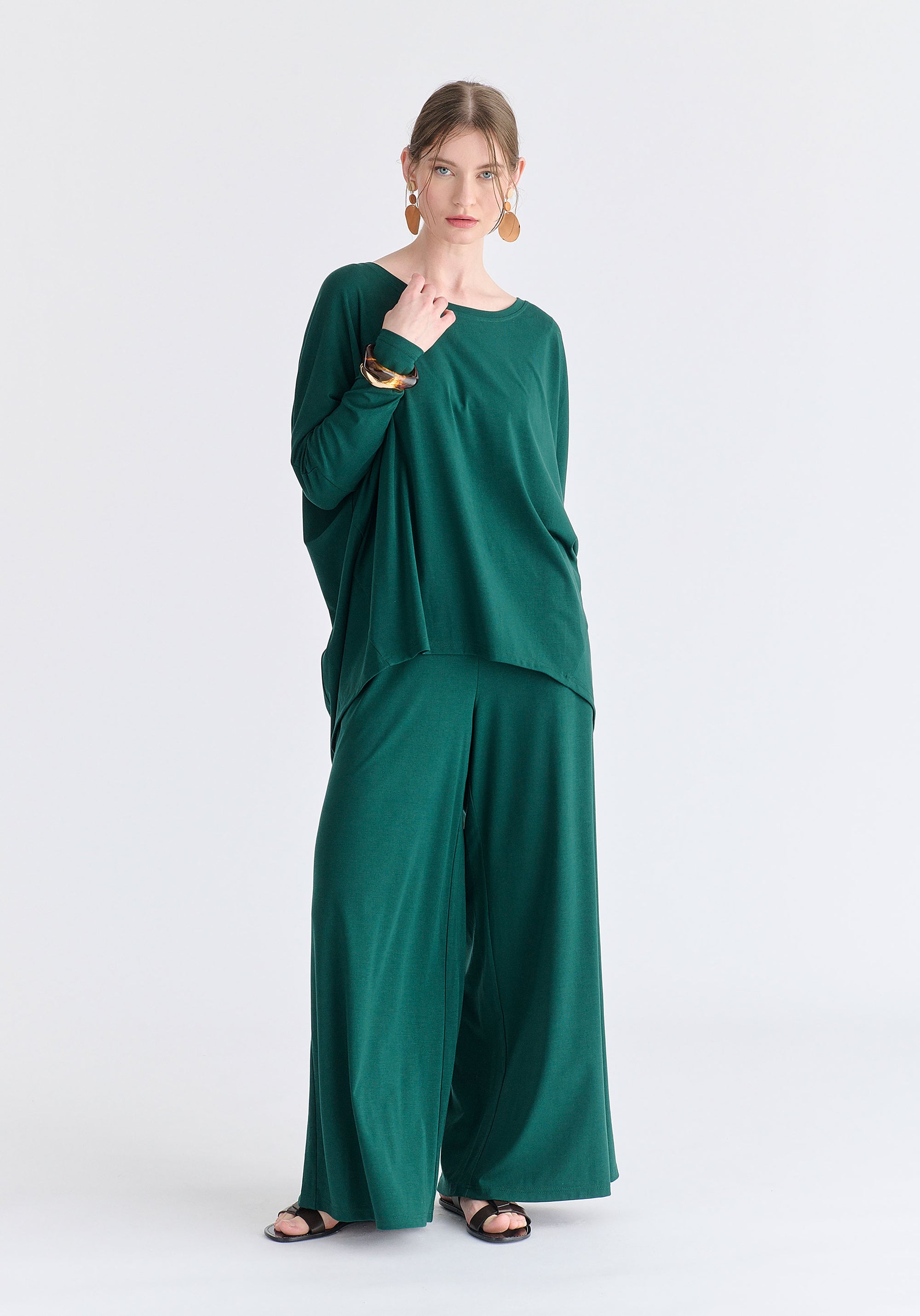 Wide Neck Oversized Lyocell Jersey Top in Green Front