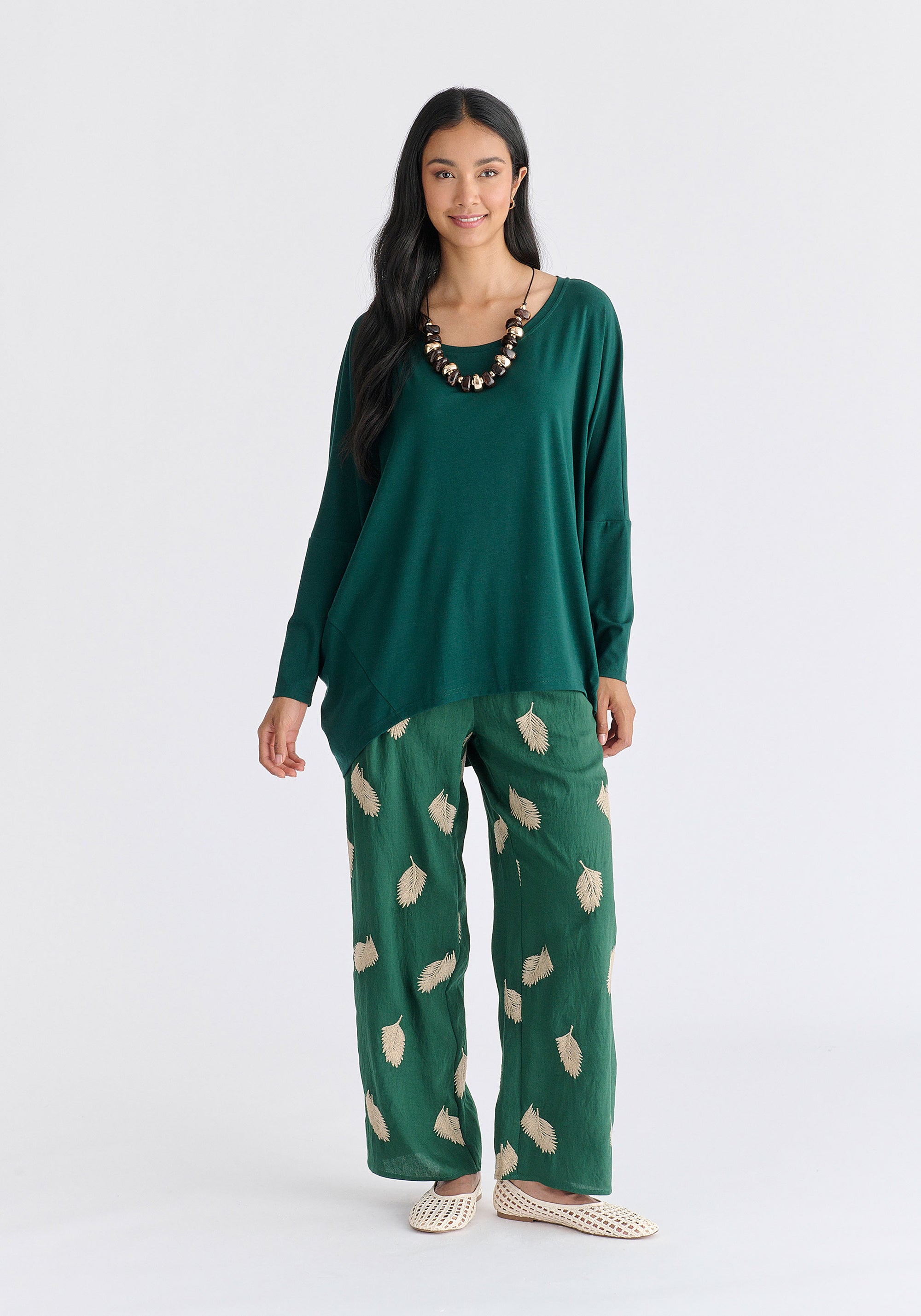 Wide Neck Oversized Lyocell Jersey Top in Green Front