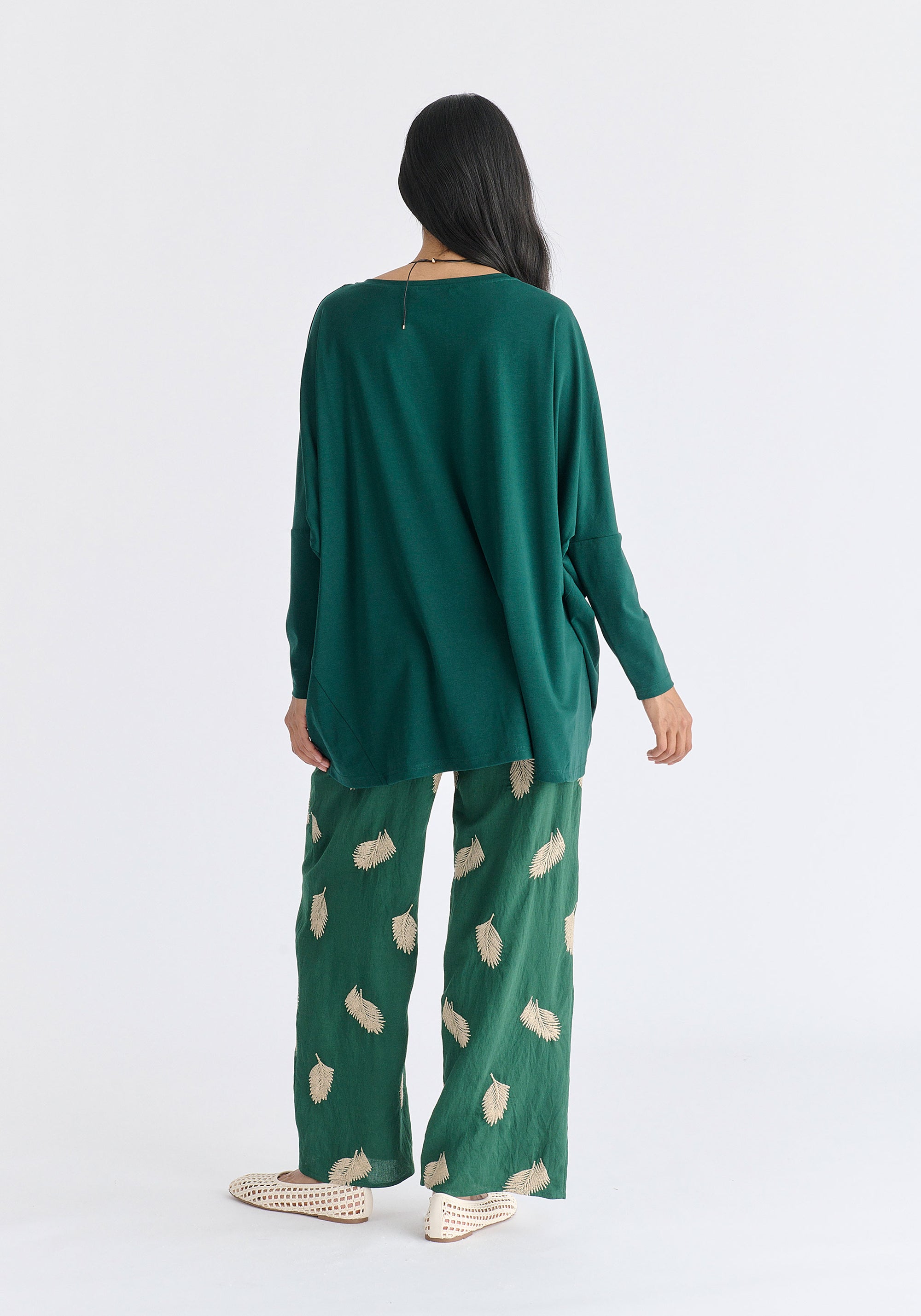 Wide Neck Oversized Lyocell Jersey Top in Green Back