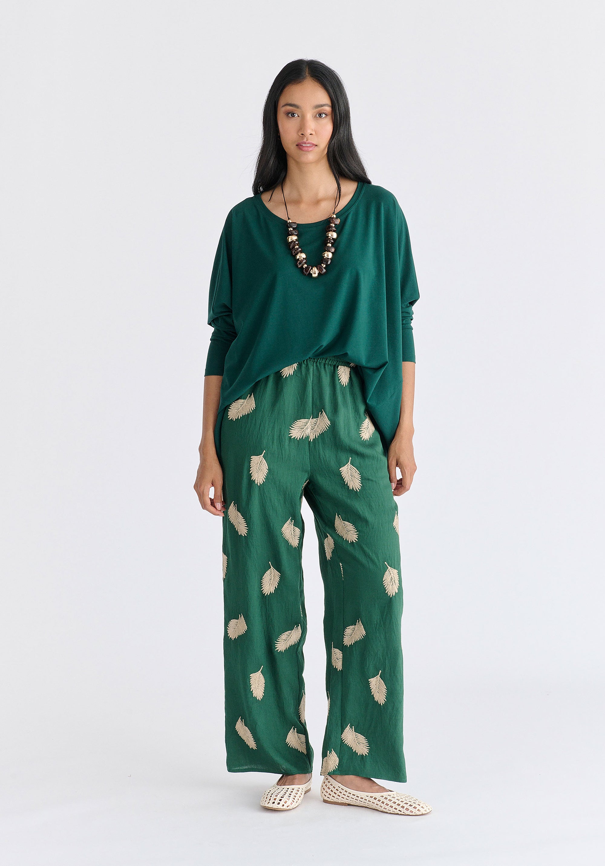 Wide Neck Oversized Lyocell Jersey Top in Green Front