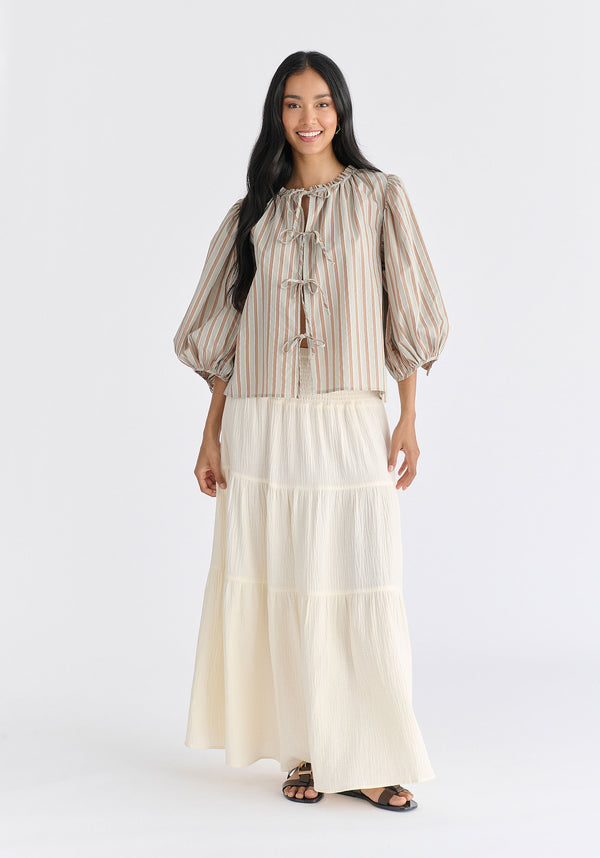 Tie Front Puff Sleeves Blouse