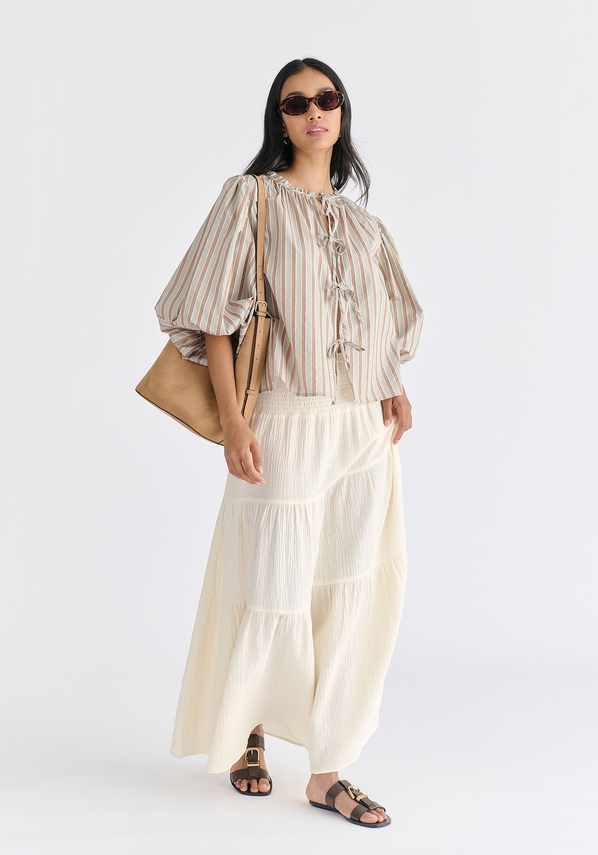 Tie Front Puff Sleeves Blouse