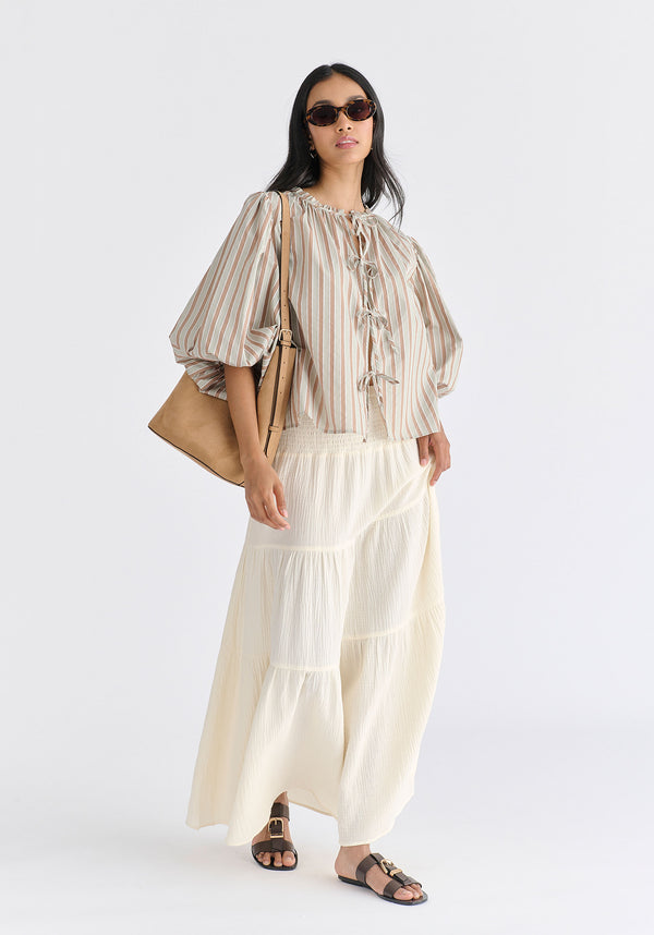 Tie Front Puff Sleeves Blouse