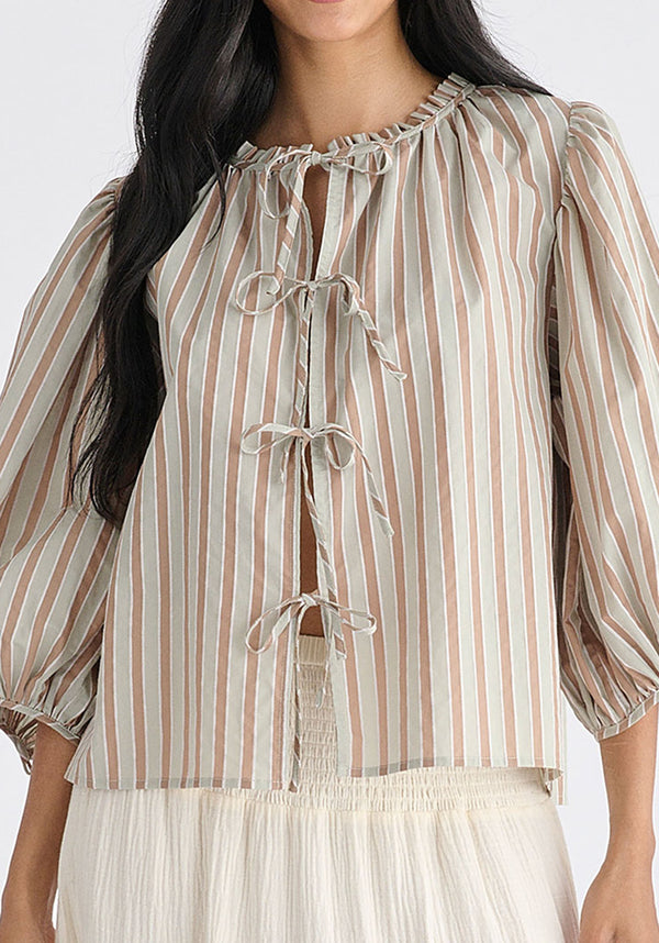 Tie Front Puff Sleeves Blouse
