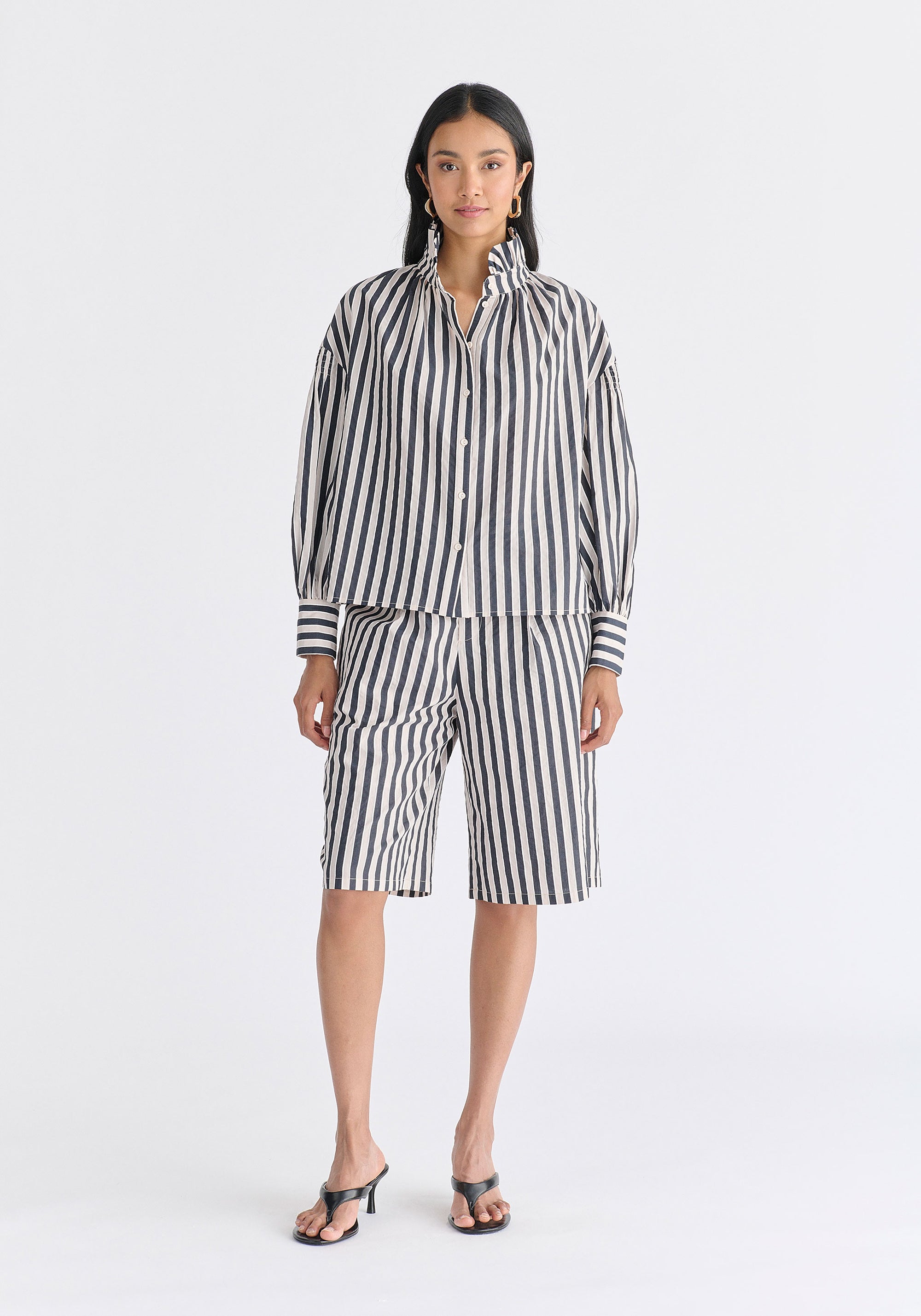 Striped Puff Sleeve Shirt with Ruffled Collar
