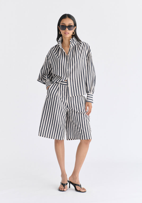 Striped Puff Sleeve Shirt with Ruffled Collar